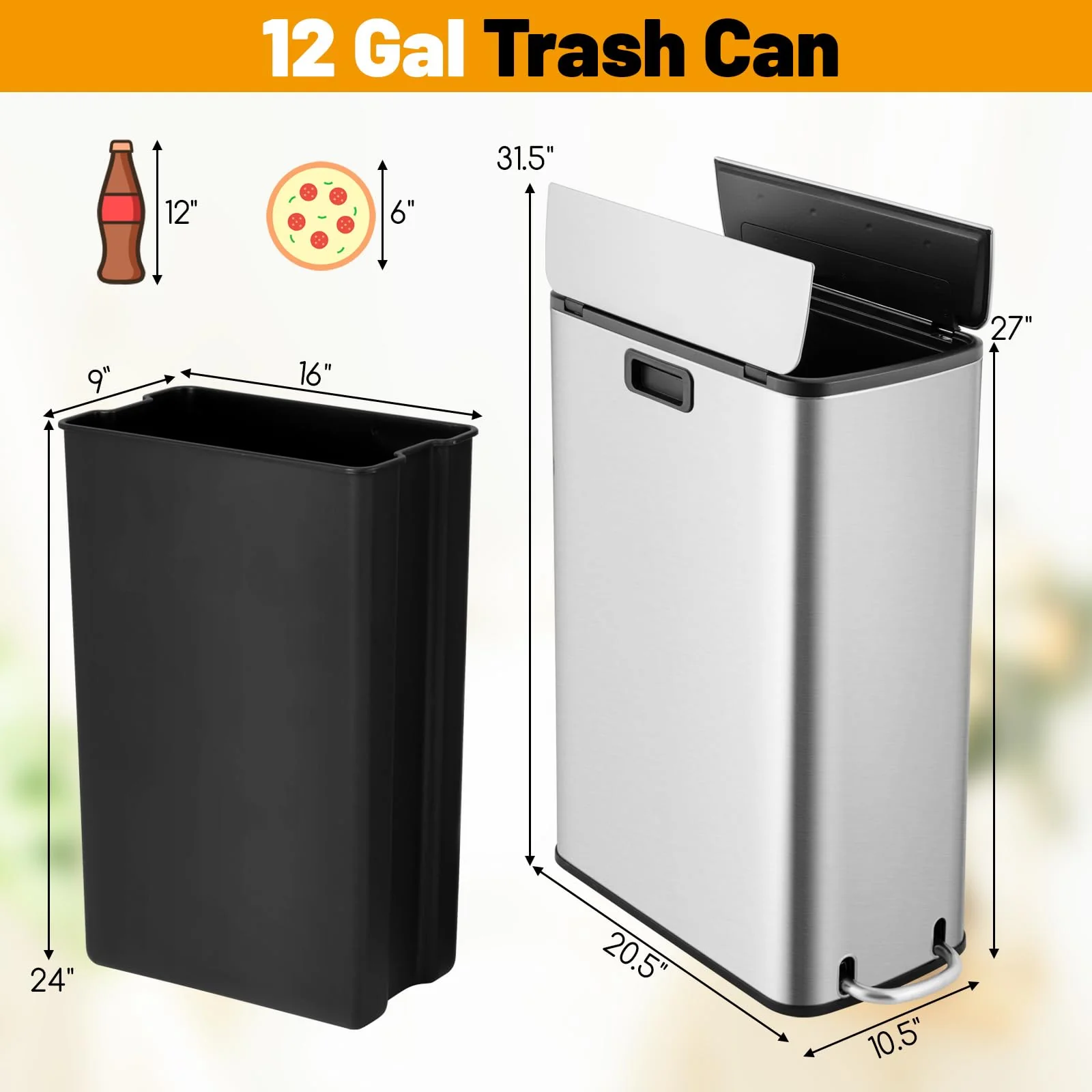 Goplus 12 Gallon Stainless Steel Trash Can, Kitchen Waste Bin with Soft-Closing Wing Lids & Removable Inner Bucket - Image 7