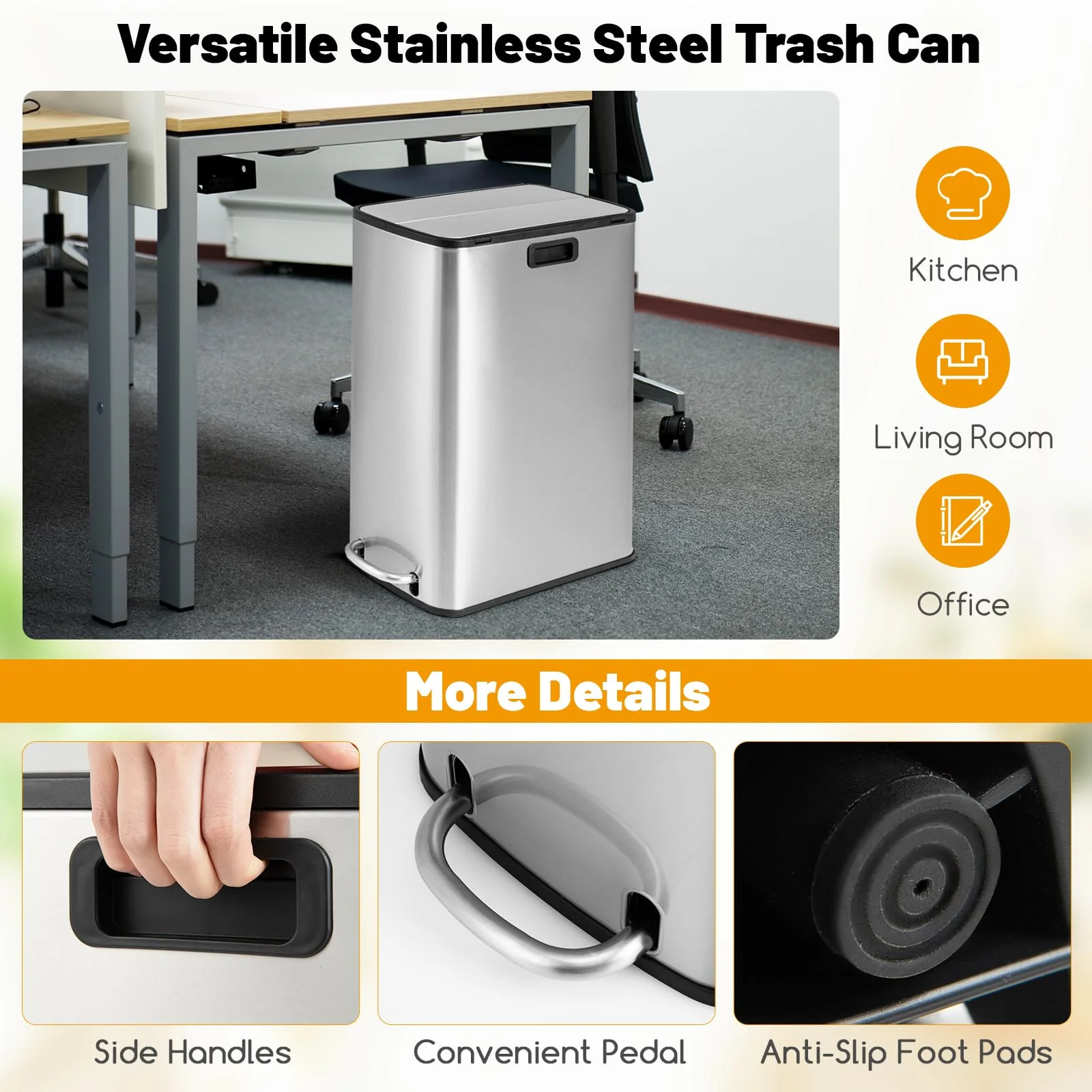 Goplus 12 Gallon Stainless Steel Trash Can, Kitchen Waste Bin with Soft-Closing Wing Lids & Removable Inner Bucket - Image 8