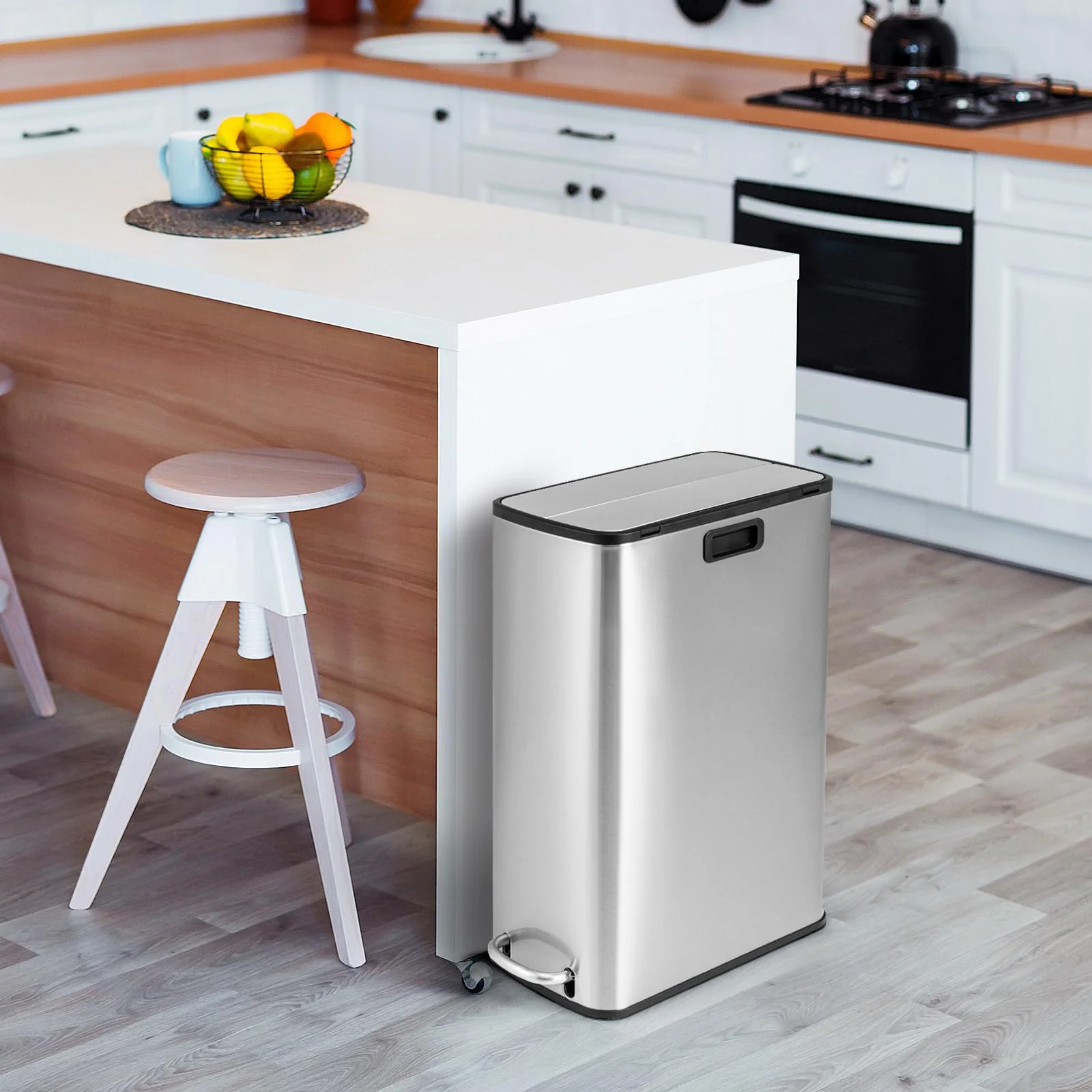 Goplus 12 Gallon Stainless Steel Trash Can, Kitchen Waste Bin with Soft-Closing Wing Lids & Removable Inner Bucket - Image 9