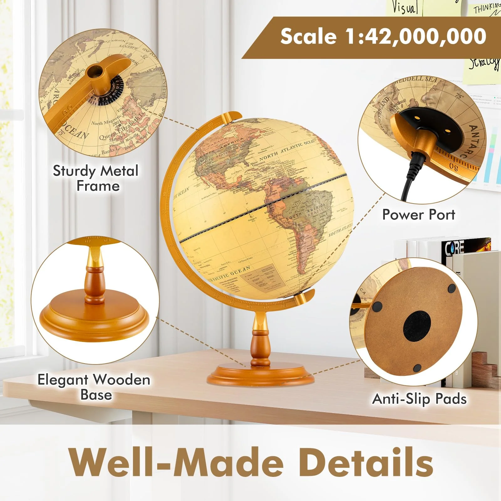 Goplus 12 Inch Antique Light up Rotating Globe Night Lamp with Wooden Stand - Image 3