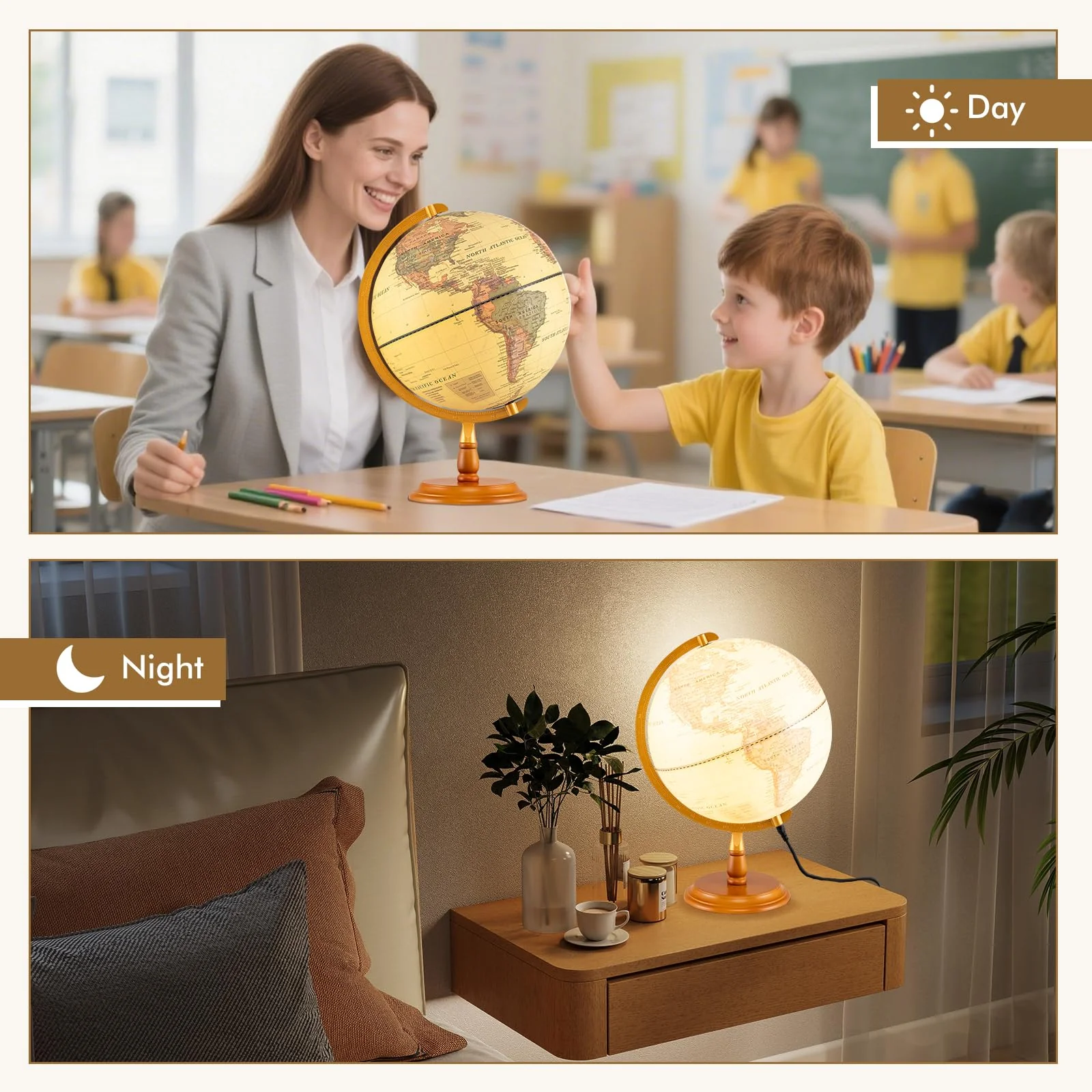 Goplus 12 Inch Antique Light up Rotating Globe Night Lamp with Wooden Stand - Image 5