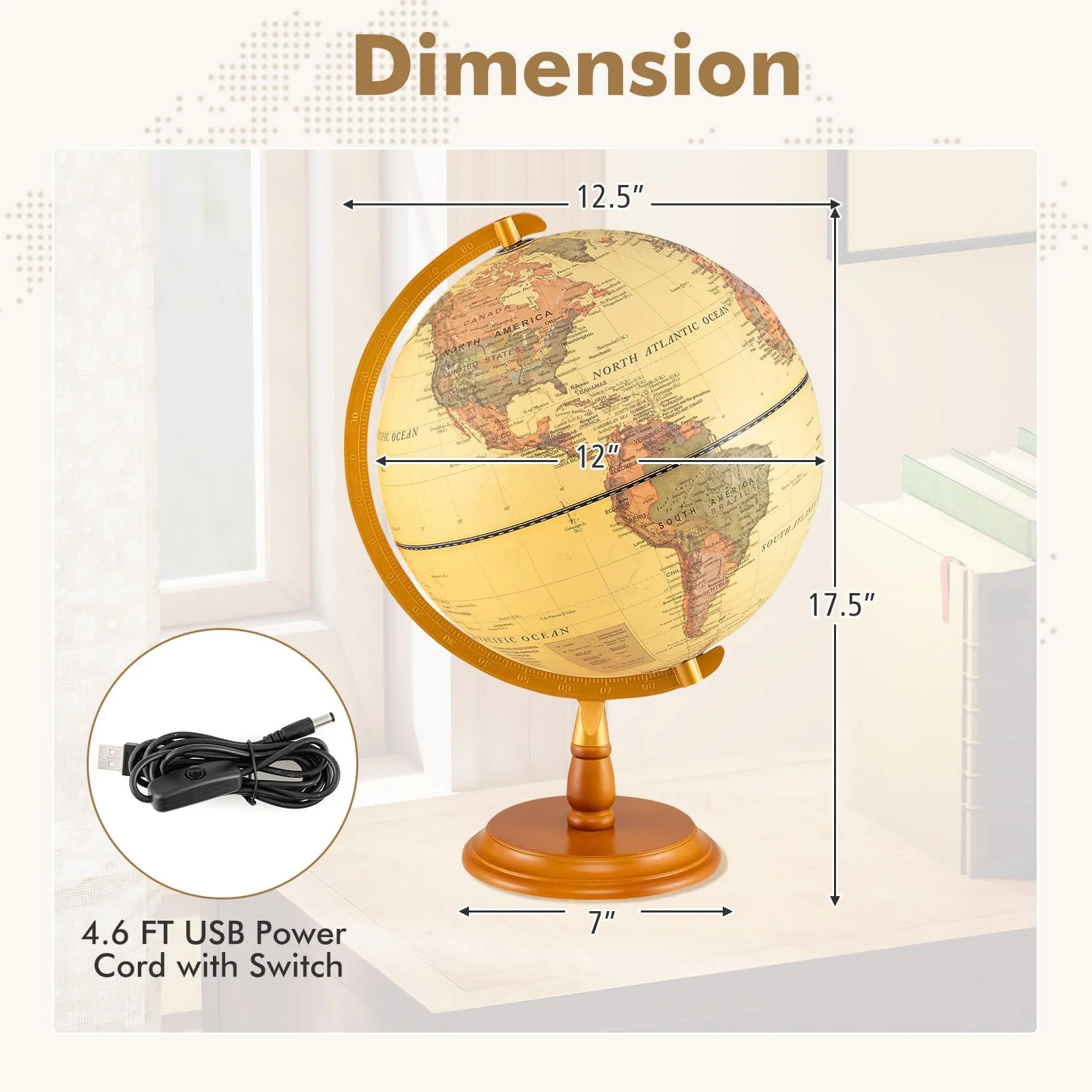 Goplus 12 Inch Antique Light up Rotating Globe Night Lamp with Wooden Stand - Image 6