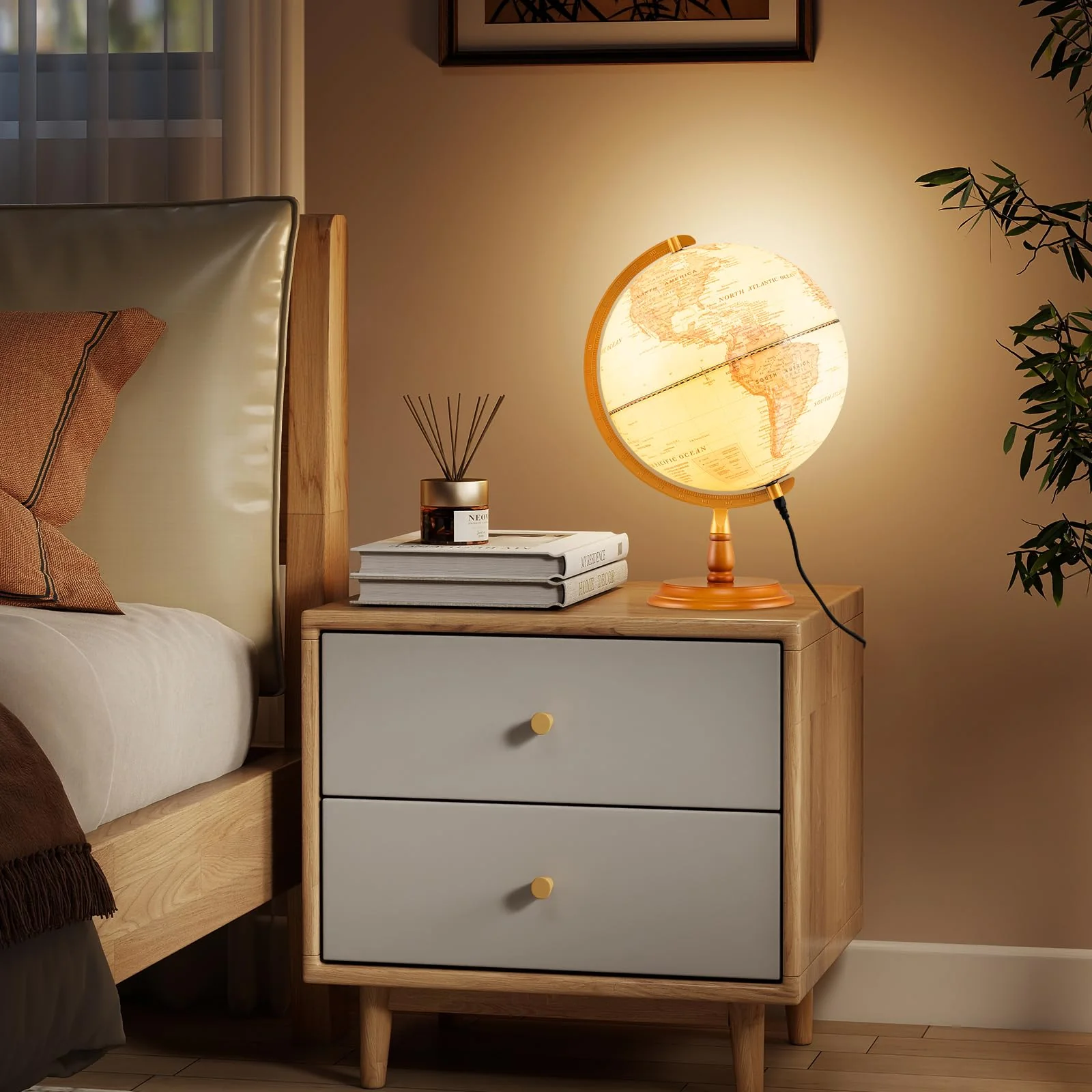 Goplus 12 Inch Antique Light up Rotating Globe Night Lamp with Wooden Stand - Image 8