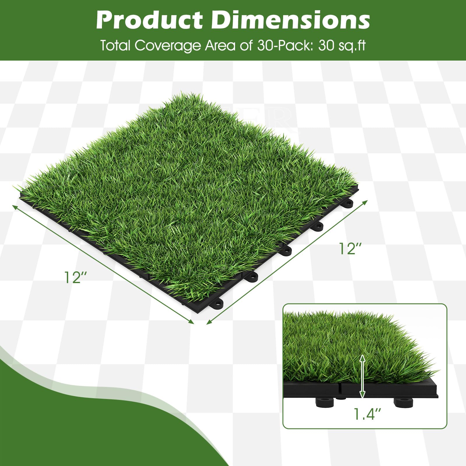 Goplus 12” x 12” Pack of 30 Fake Grass Turf Tiles Set - Image 7
