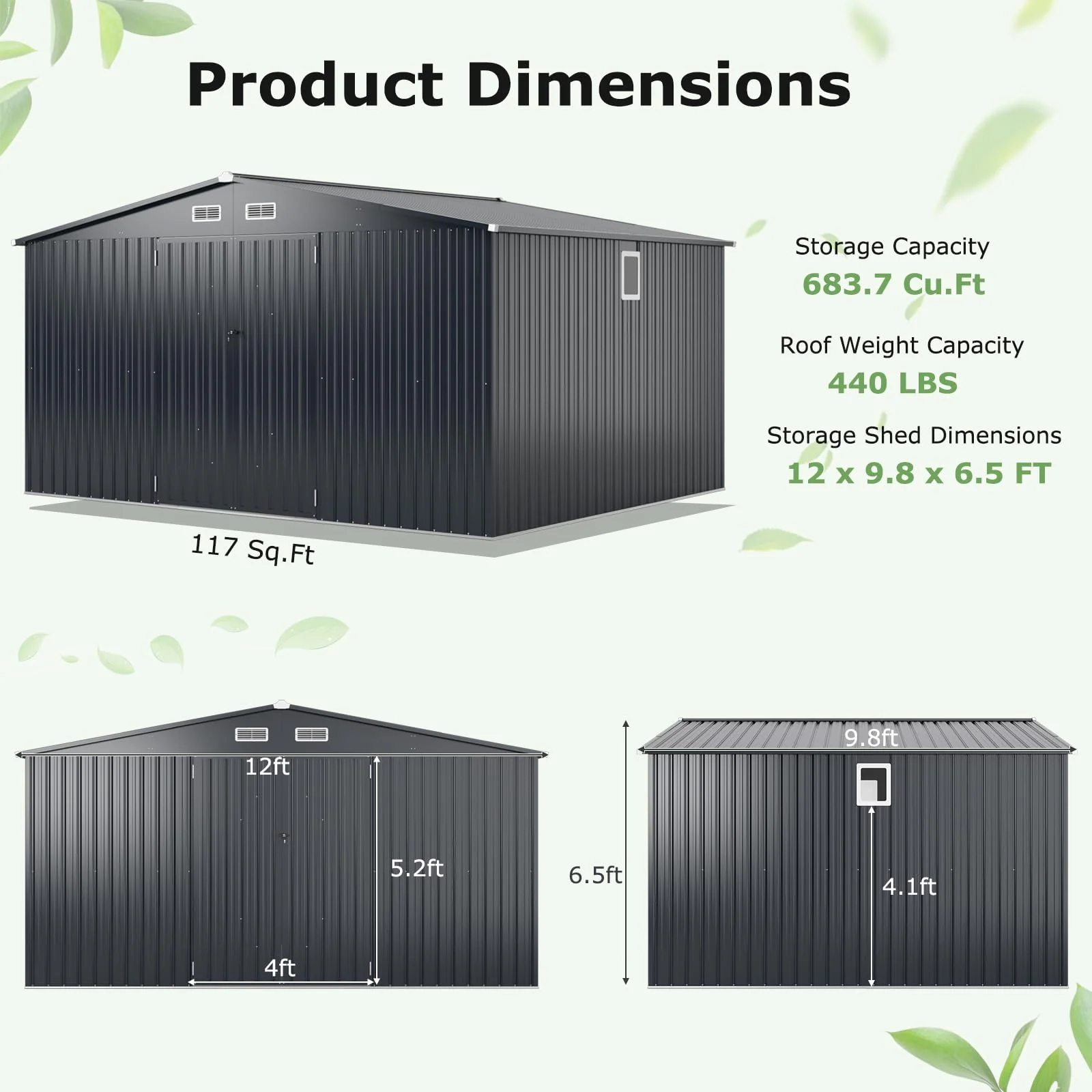 Goplus 12 x 9.8 FT Outdoor Storage Shed, All-Weather & Rustproof Galvanized Metal Utility Tool Shed w/Lockable Door, Pitched Roof - Image 3