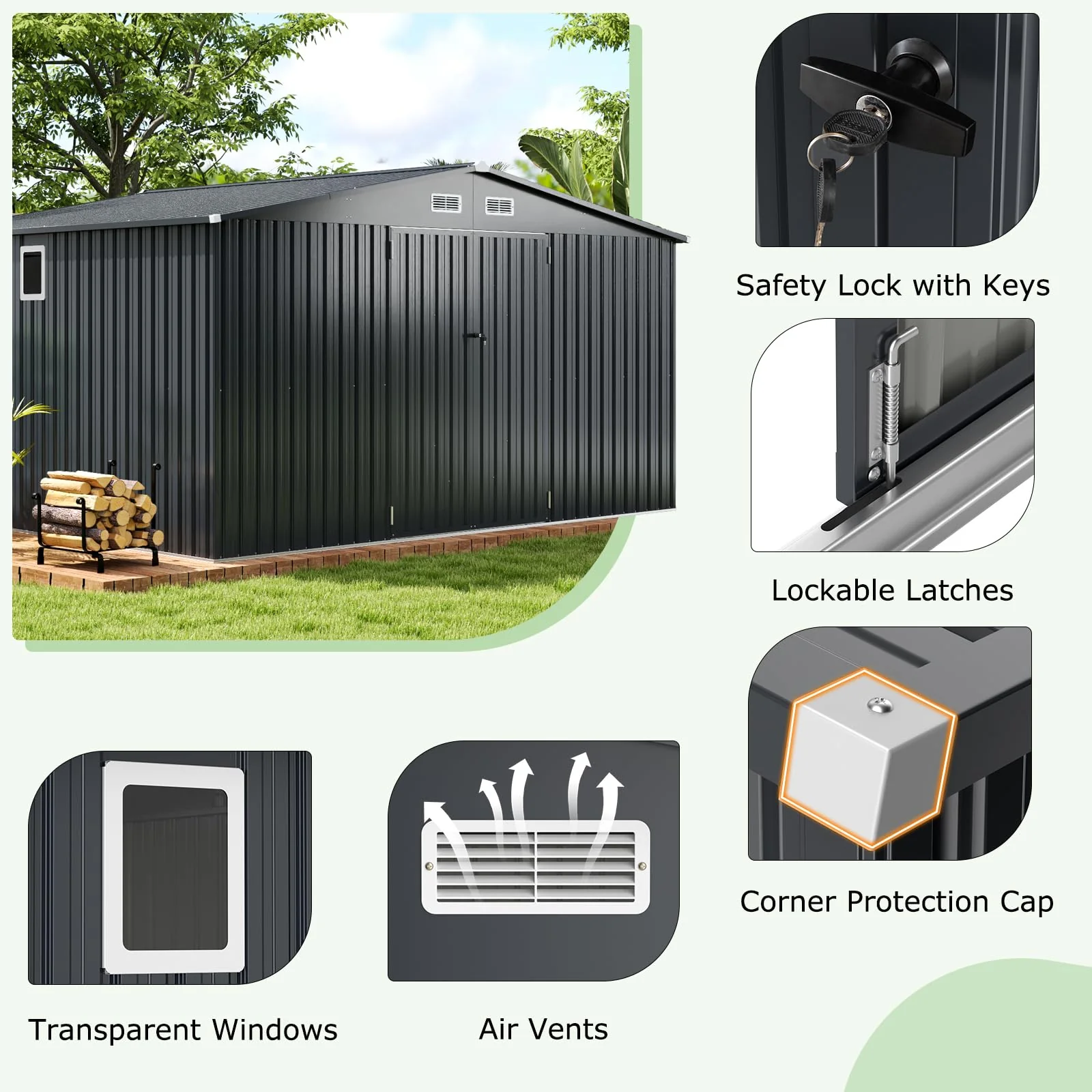 Goplus 12 x 9.8 FT Outdoor Storage Shed, All-Weather & Rustproof Galvanized Metal Utility Tool Shed w/Lockable Door, Pitched Roof - Image 7
