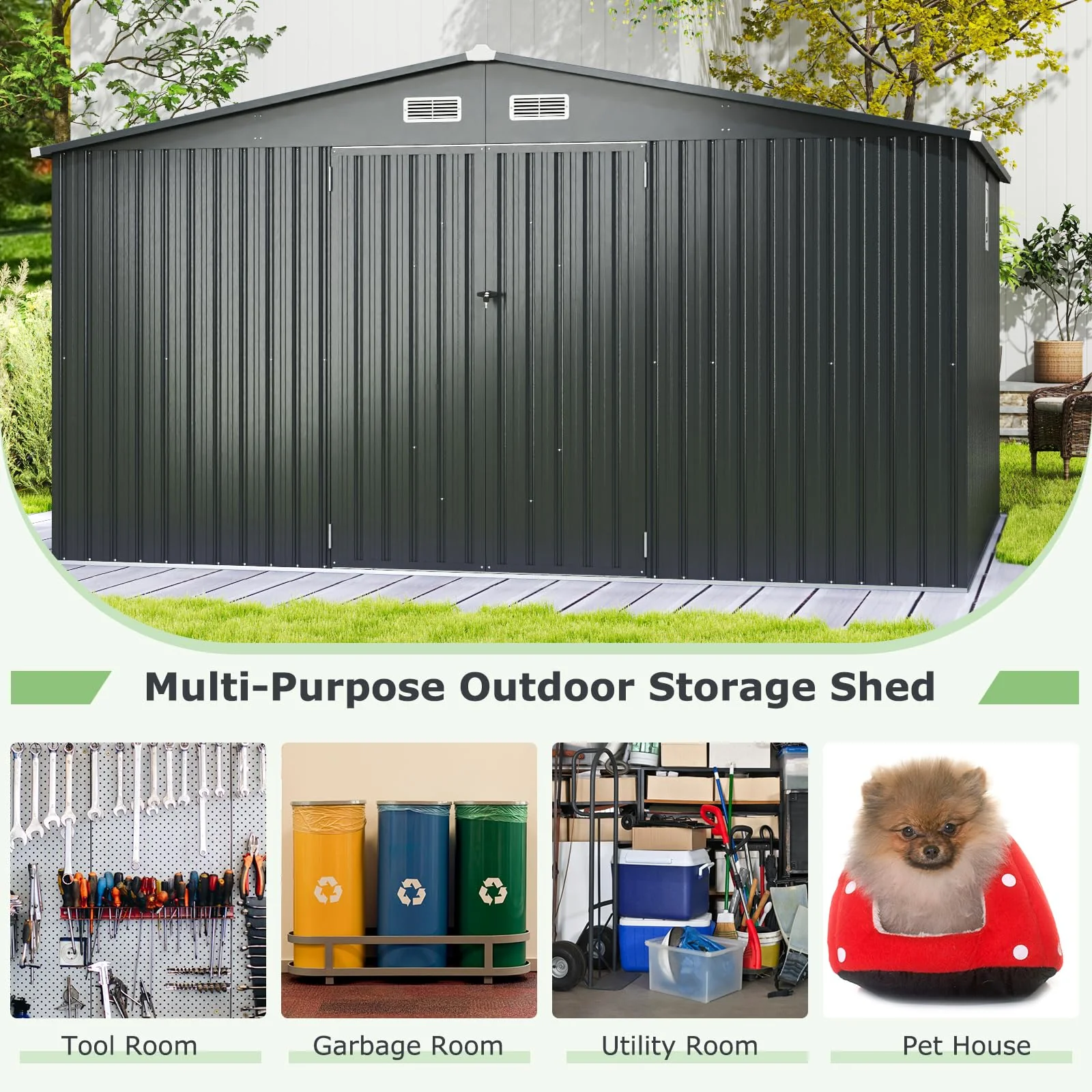Goplus 12 x 9.8 FT Outdoor Storage Shed, All-Weather & Rustproof Galvanized Metal Utility Tool Shed w/Lockable Door, Pitched Roof - Image 8