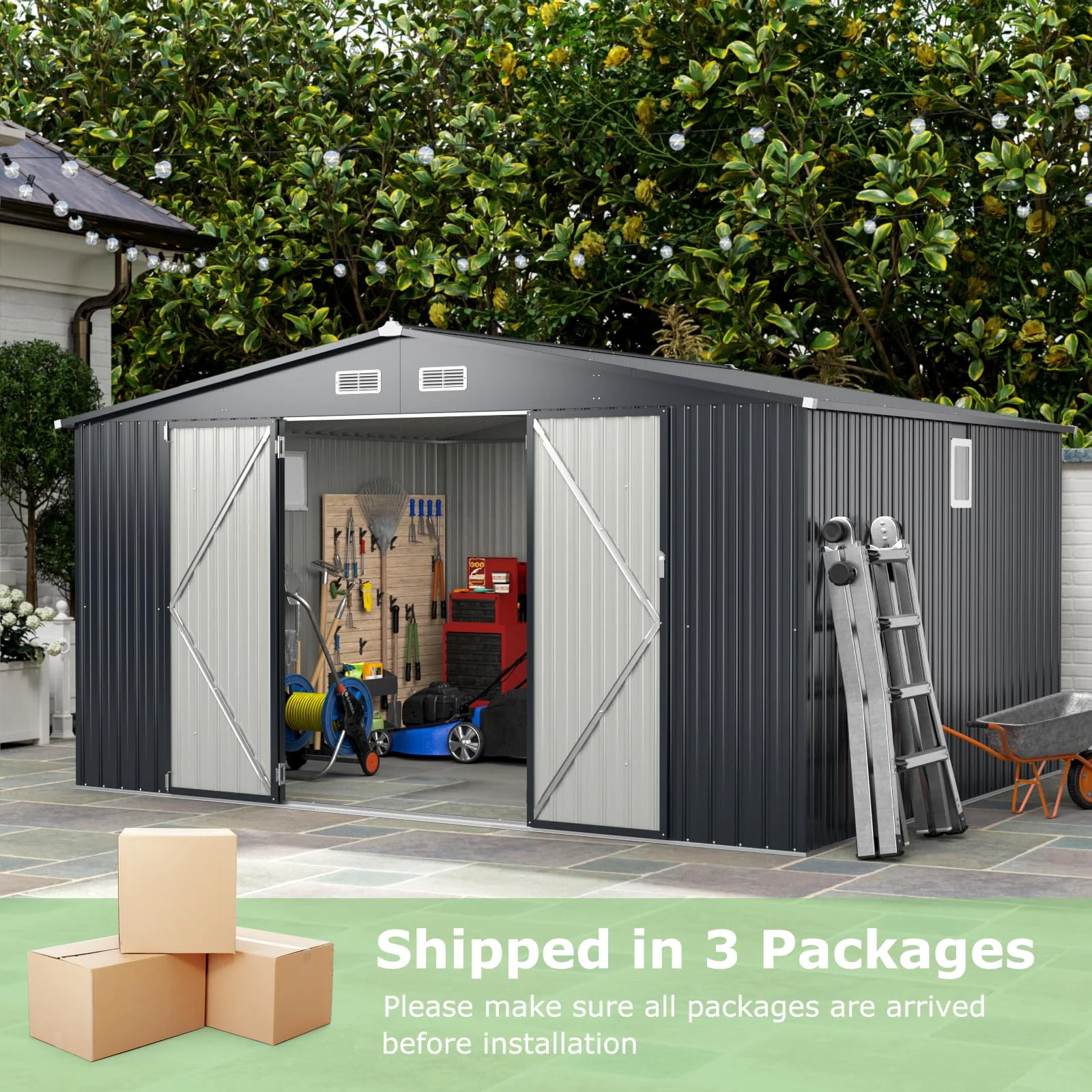 Goplus 12 x 9.8 FT Outdoor Storage Shed, All-Weather & Rustproof Galvanized Metal Utility Tool Shed w/Lockable Door, Pitched Roof - Image 9
