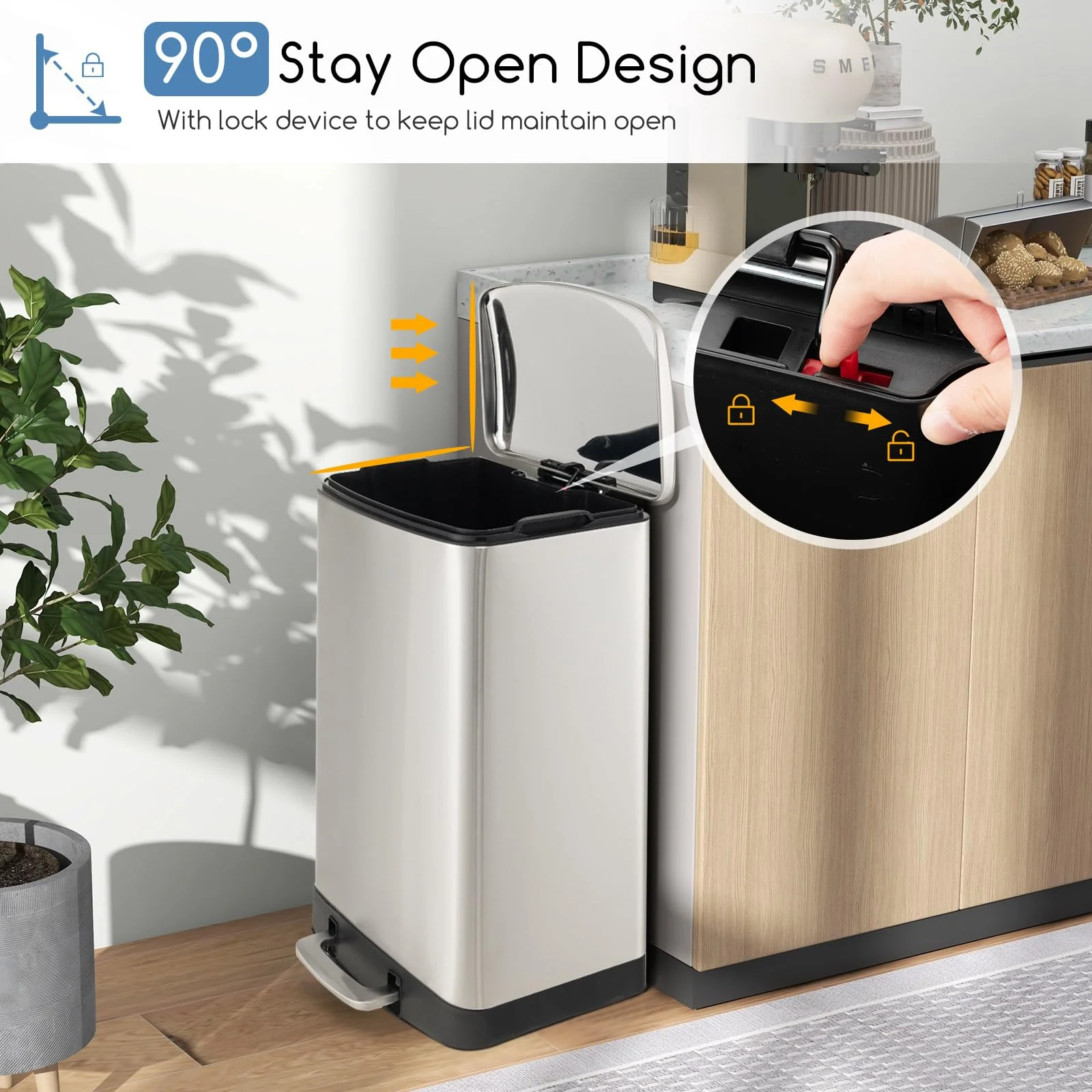 Goplus 13.2 Gallon/ 50 Liter Trash Can, Stainless Steel Garbage Can with Lock Device & Foot Pedal, Stay Open Trash Bin w/Soft Closing Lid - Image 6