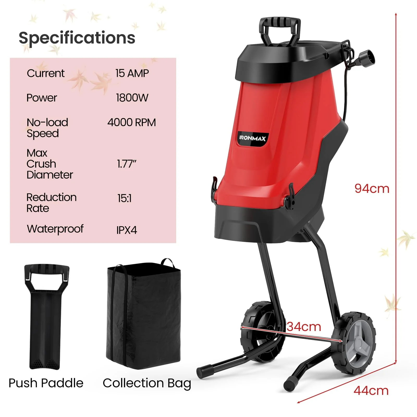 Goplus 15-AMP Electric Wood Chipper and Shredder, Leaf Mulcher with Wheels, Safety Locking Knob - Image 7