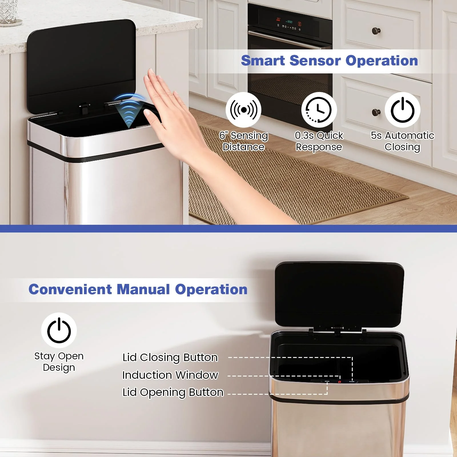 Goplus 16 Gal Automatic Stainless Steel Motion Sensor Trash Can with 2 Compartments - Image 4