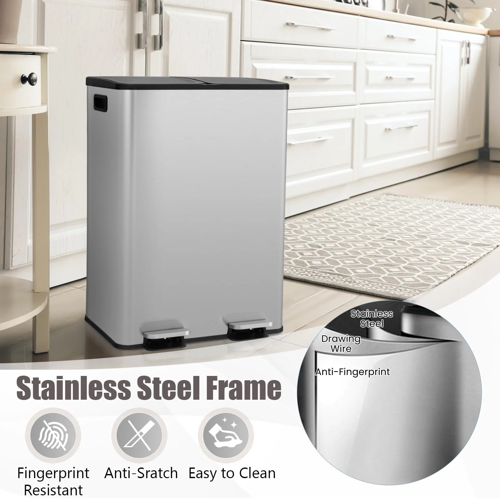 Goplus 16 Gallon/ (2x30L) Stainless Steel Trash Can, Kitchen Trash Bin - Image 6