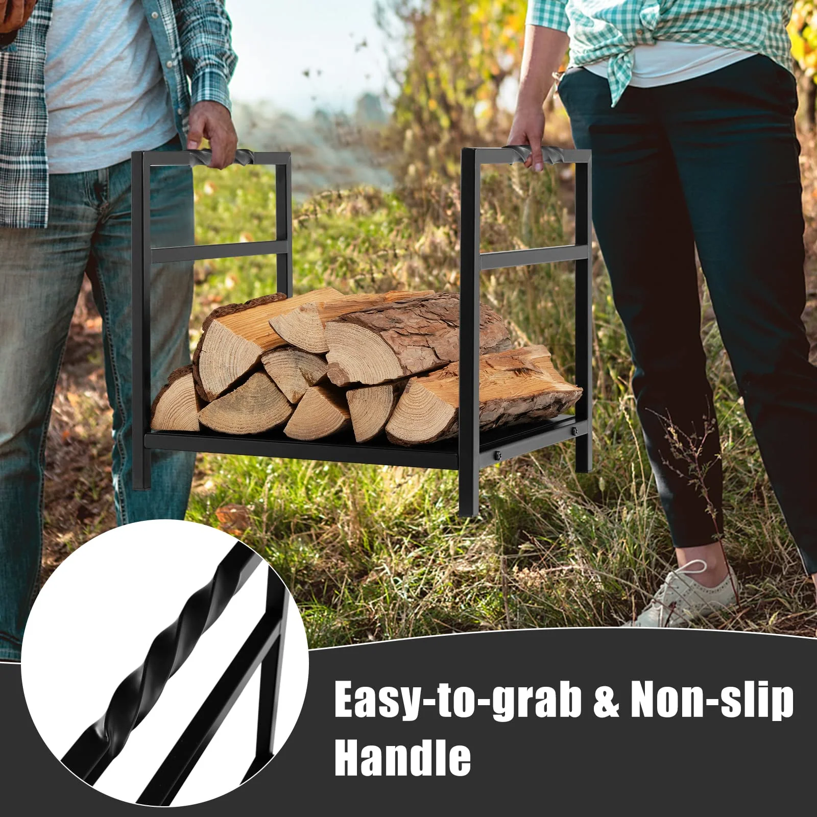 Goplus 16 Inch Small Firewood Rack, Indoor Outdoor Decorative Firewood Log Holder with Easy-to-Grab Handle & Raised Base - Image 3