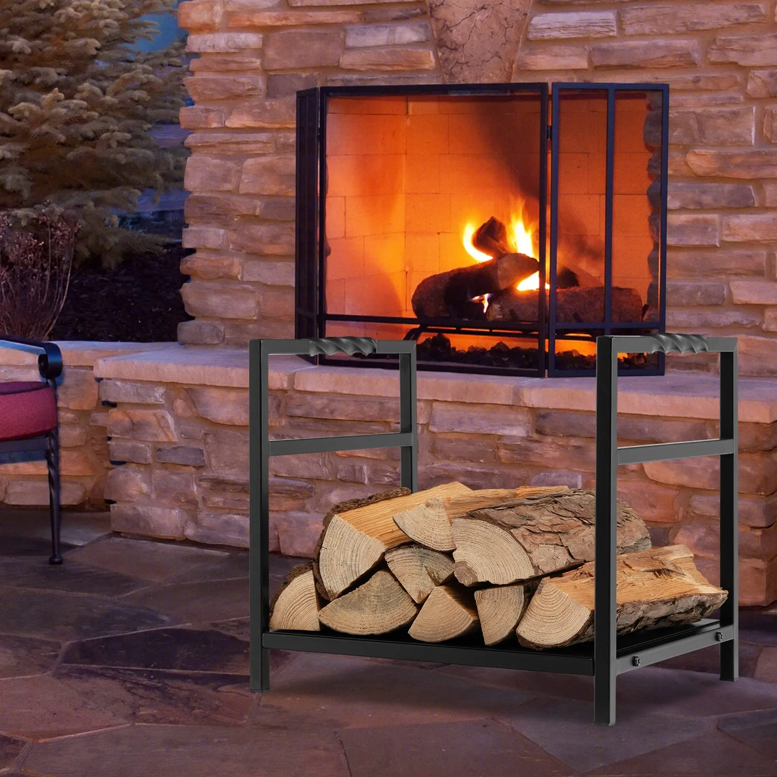 Goplus 16 Inch Small Firewood Rack, Indoor Outdoor Decorative Firewood Log Holder with Easy-to-Grab Handle & Raised Base - Image 9