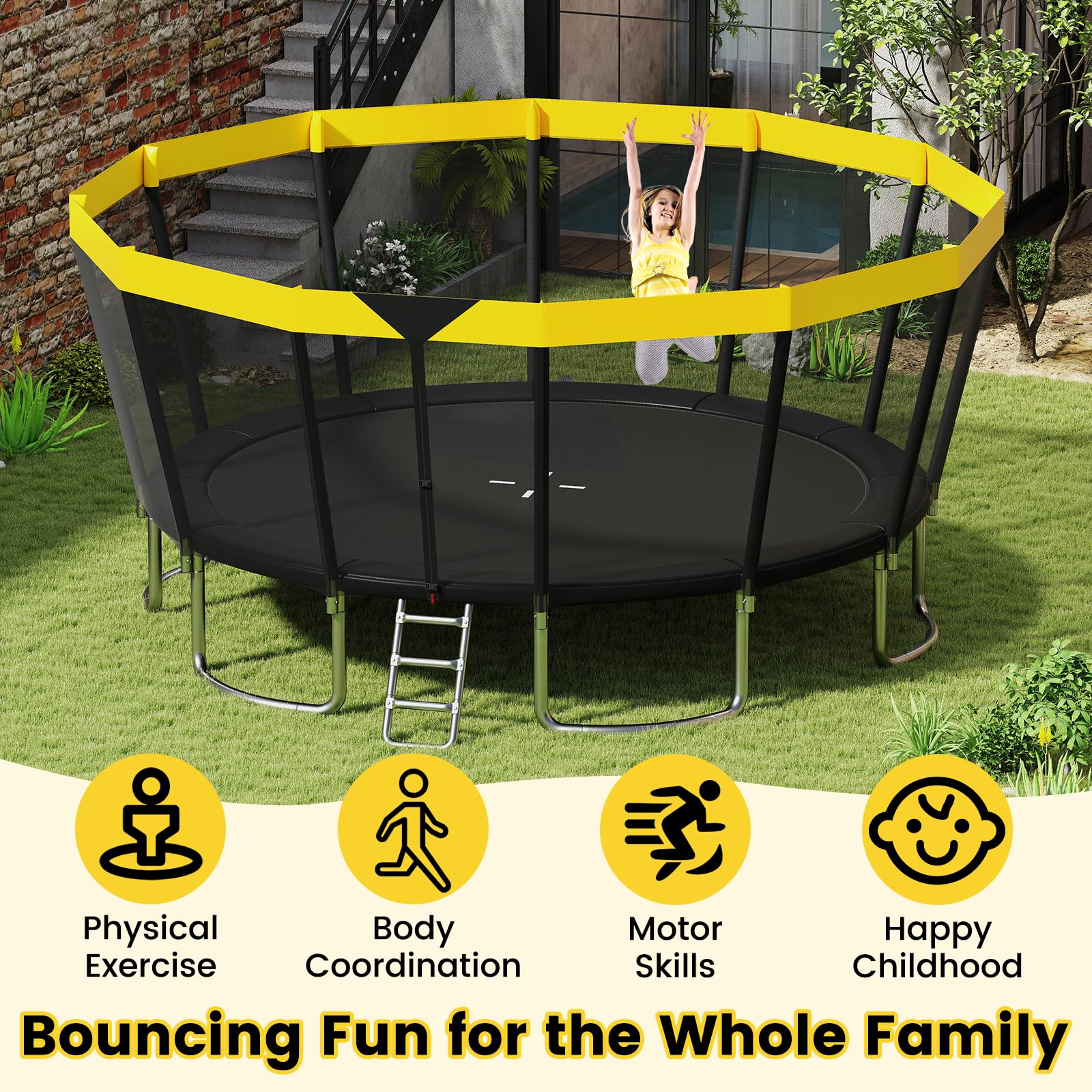 Goplus 16FT ASTM Approved Recreational Trampoline with Non-Slip Ladder Enclosure Net & Anti-Rust Coating - Image 9