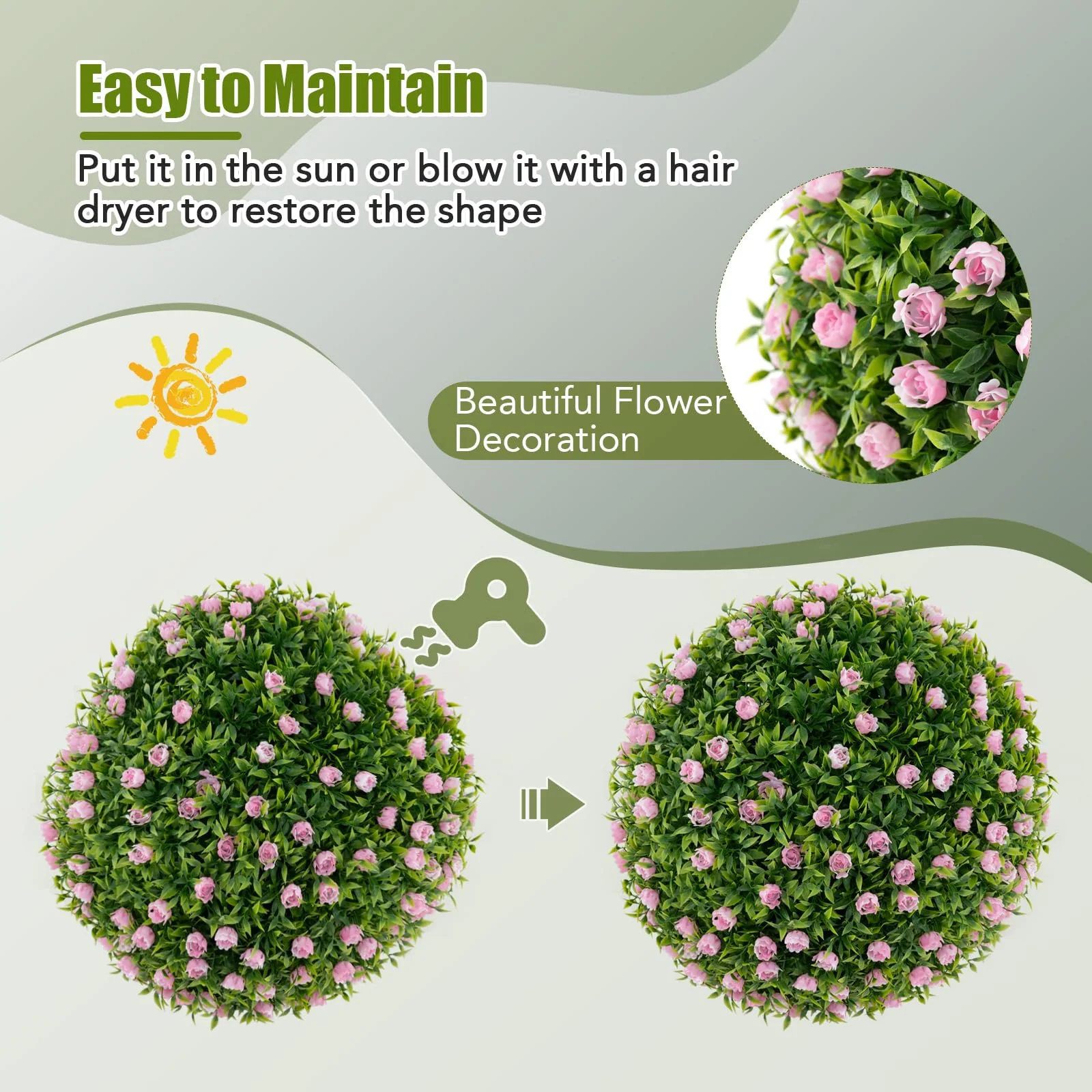 Goplus 17.5 Inch Topiary Balls Artificial Outdoor Set of 2, Faux Greenery Balls with Pink Flowers - Image 4