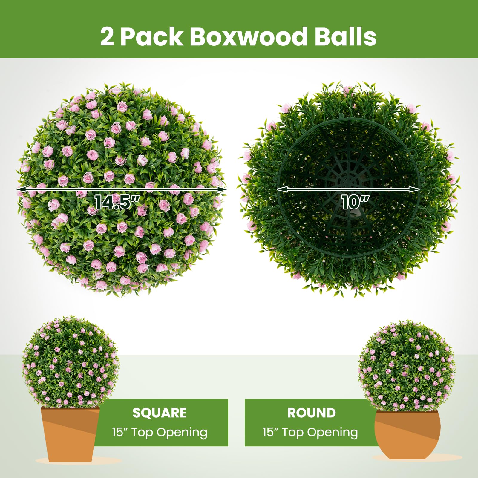 Goplus 17.5 Inch Topiary Balls Artificial Outdoor Set of 2, Faux Greenery Balls with Pink Flowers - Image 7