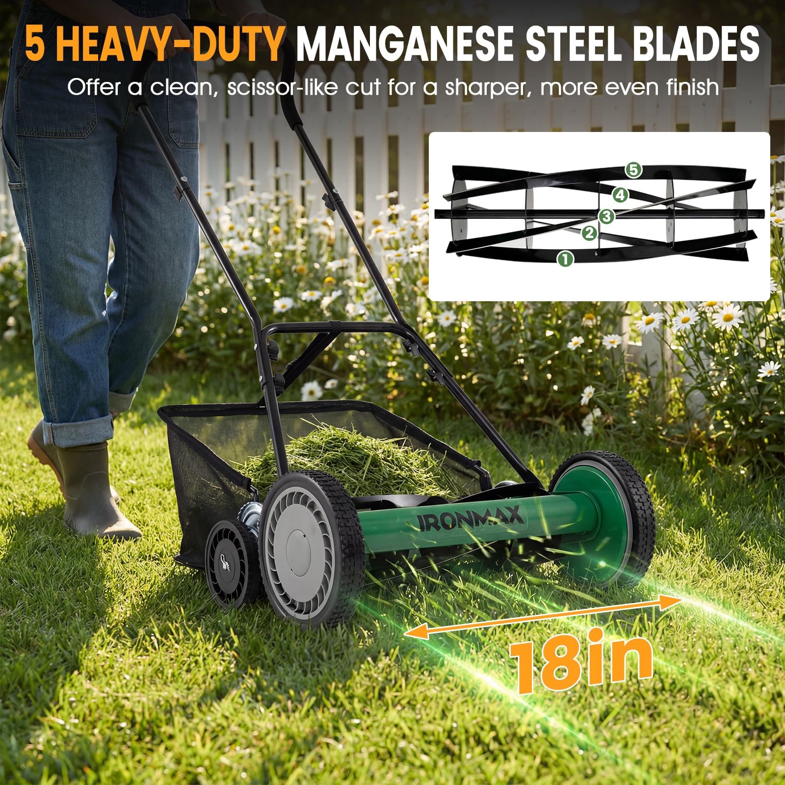 Goplus 18 Inch Push Reel Lawn Mower 5-Blade Manganese Steel Manual Grass Cutter - Image 2