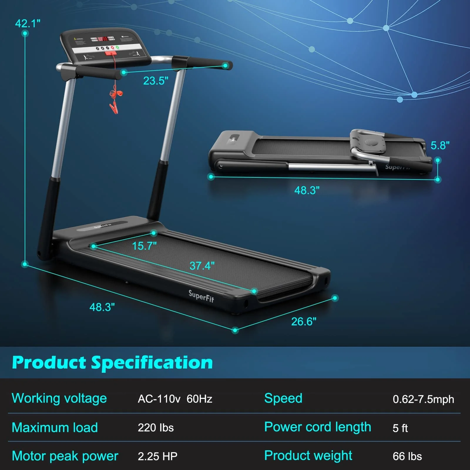 Goplus 2.25HP Folding Treadmill, Compact Superfit Treadmill with LED Display and APP Control - Image 7