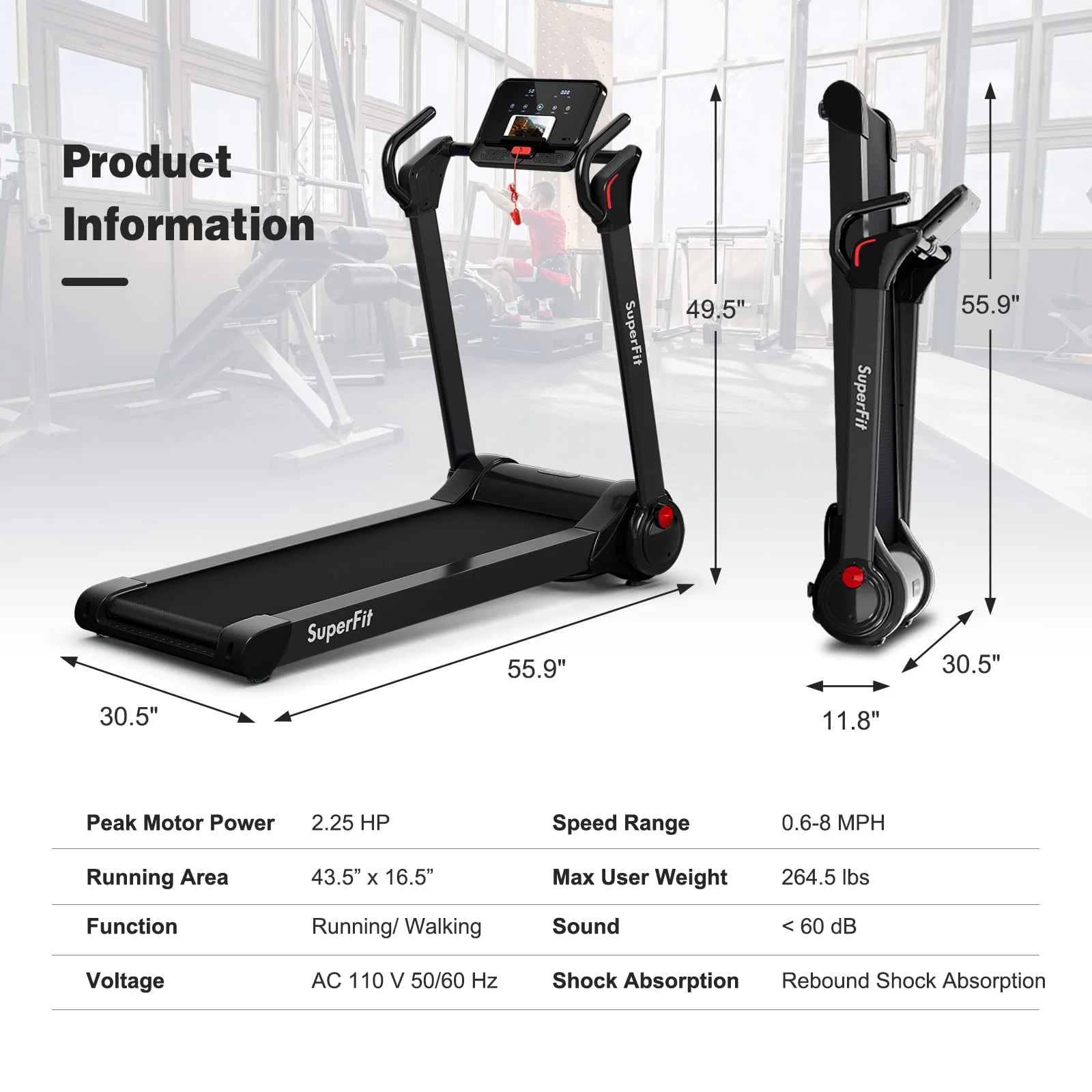 Goplus 2.25HP Folding Treadmill, Electric Superfit Treadmill W/LED Display - Image 9