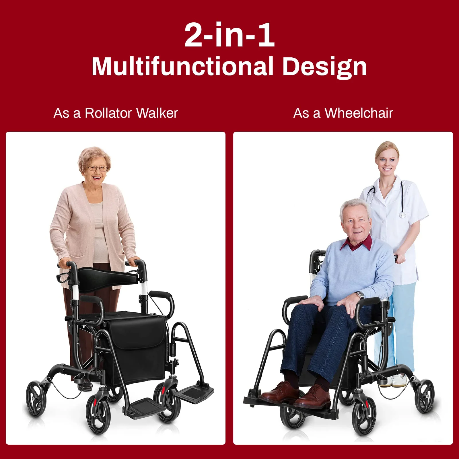 Goplus 2 in 1 Rollator Walker for Seniors Folding Transport Wheelchair Rollator with 8" Wheels - Image 2
