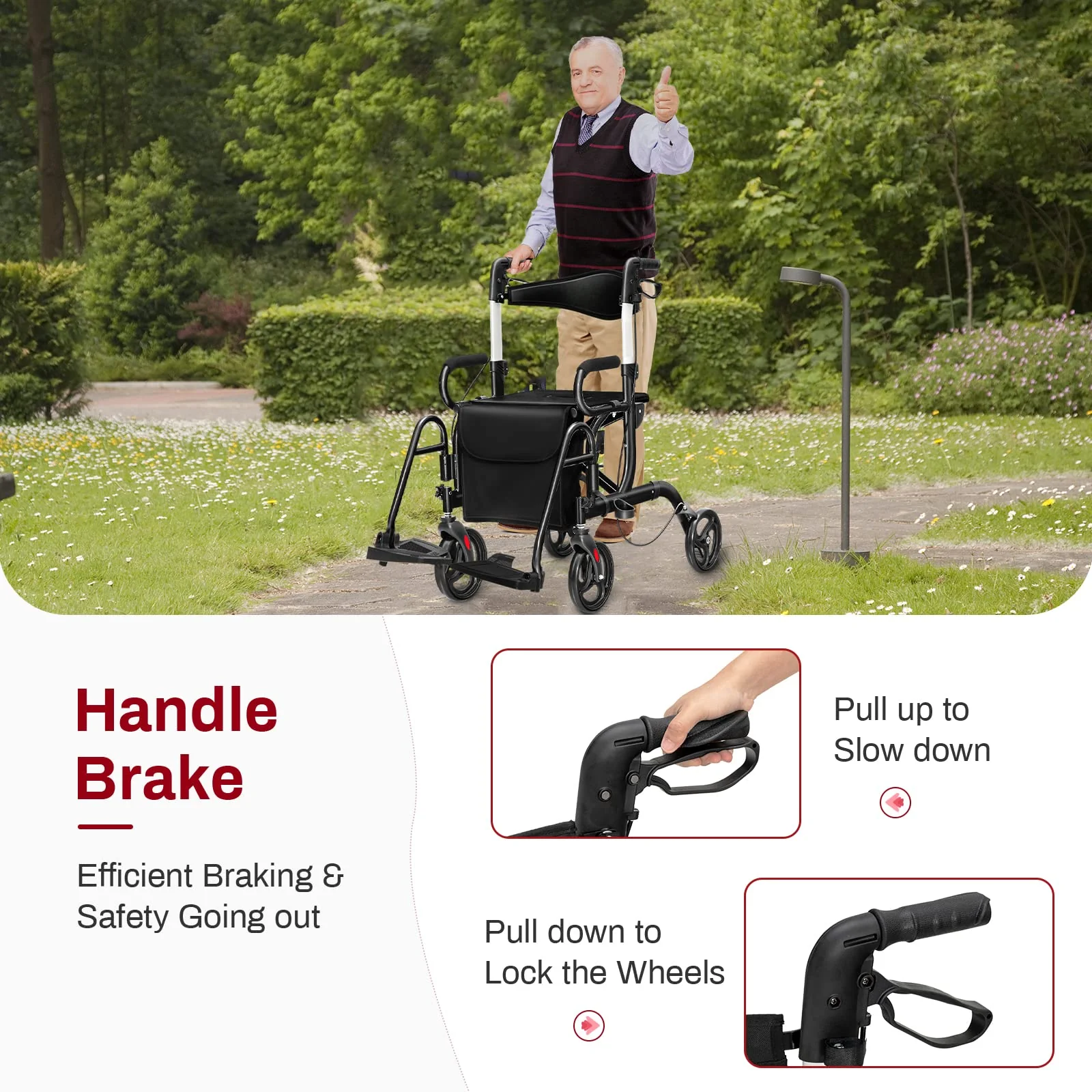 Goplus 2 in 1 Rollator Walker for Seniors Folding Transport Wheelchair Rollator with 8" Wheels - Image 4