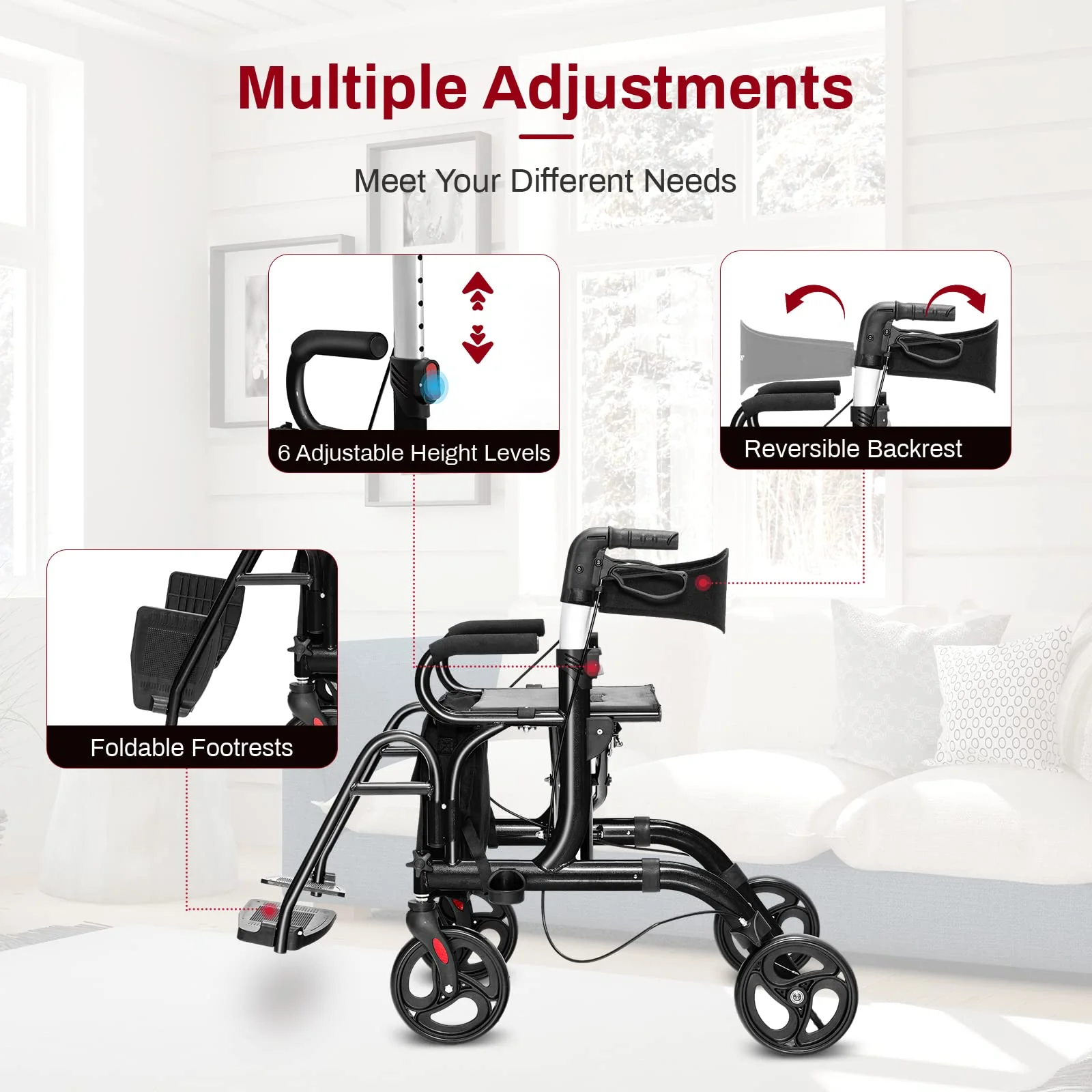 Goplus 2 in 1 Rollator Walker for Seniors Folding Transport Wheelchair Rollator with 8" Wheels - Image 6