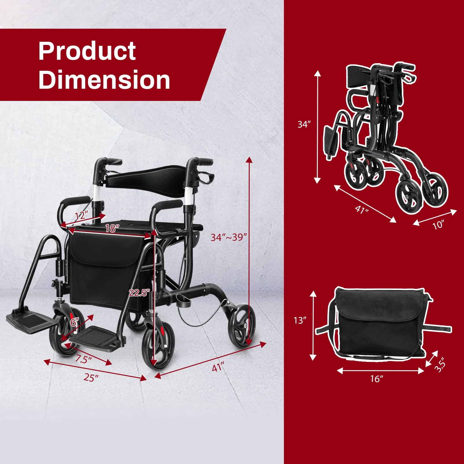 Goplus 2 in 1 Rollator Walker for Seniors Folding Transport Wheelchair Rollator with 8" Wheels - Image 7