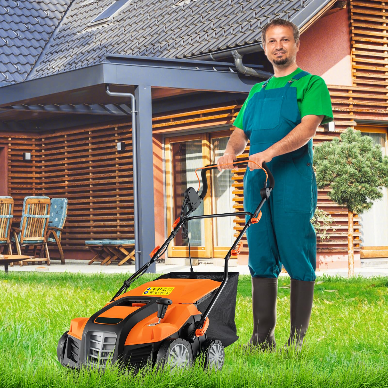 Goplus 2-in-1 Scarifier and Lawn Dethatcher, 16-Inch 15A Corded Electric Dethatcher w/ 14.5-Gal Collection Bag - Image 2