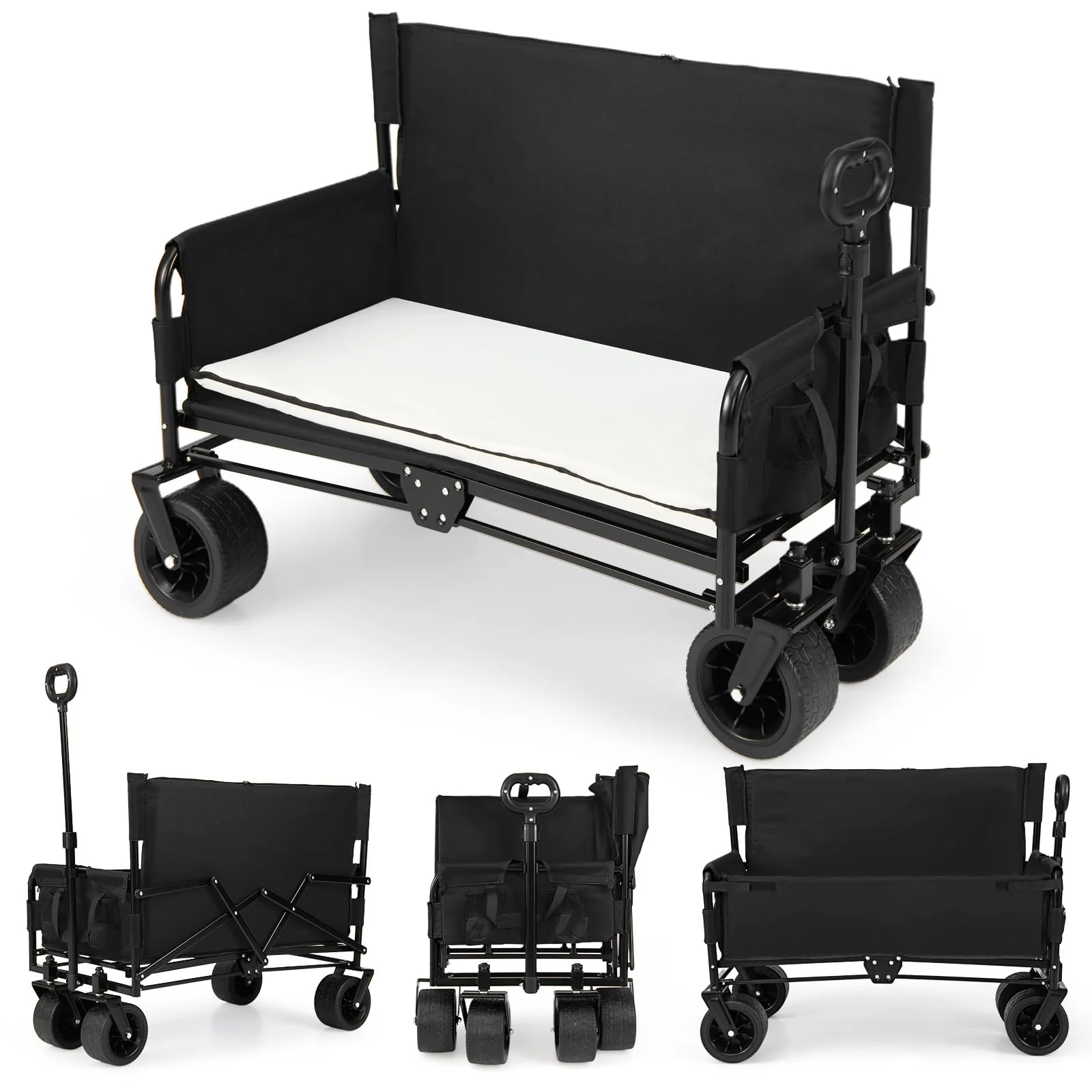 Goplus 2-in-1 Wagon Bench Seat Combo with Adjustable Push/Pull Handle & Soft Cushions