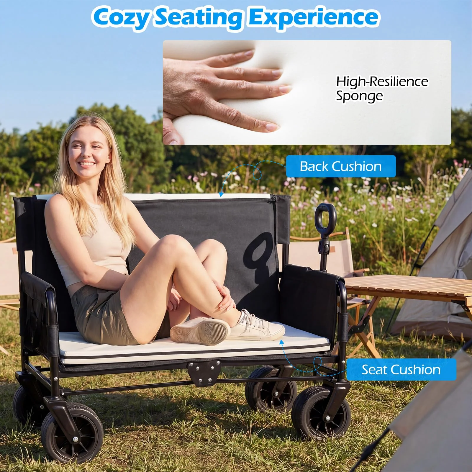 Goplus 2-in-1 Wagon Bench Seat Combo with Adjustable Push/Pull Handle & Soft Cushions - Image 6