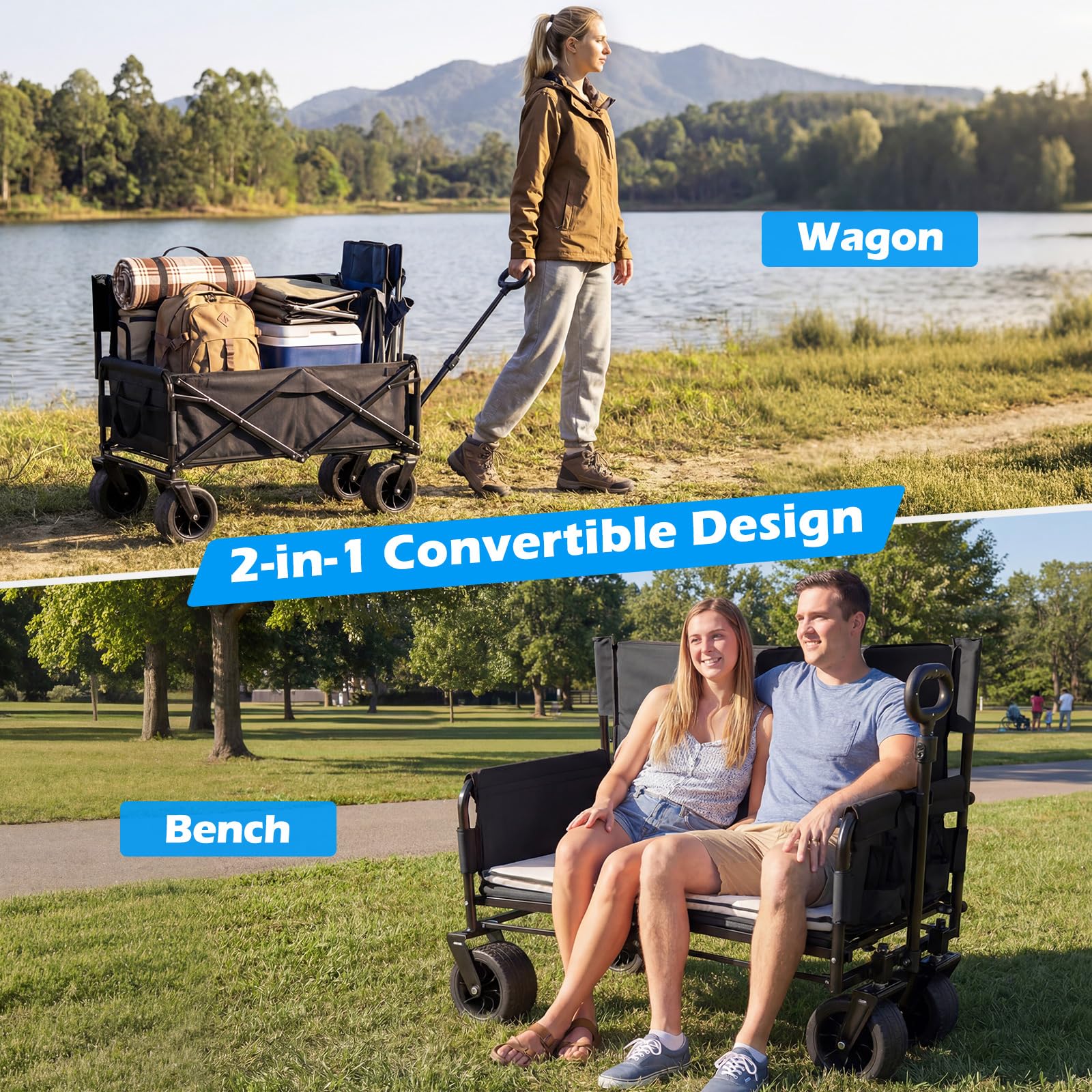 Goplus 2-in-1 Wagon Bench Seat Combo with Adjustable Push/Pull Handle & Soft Cushions - Image 7