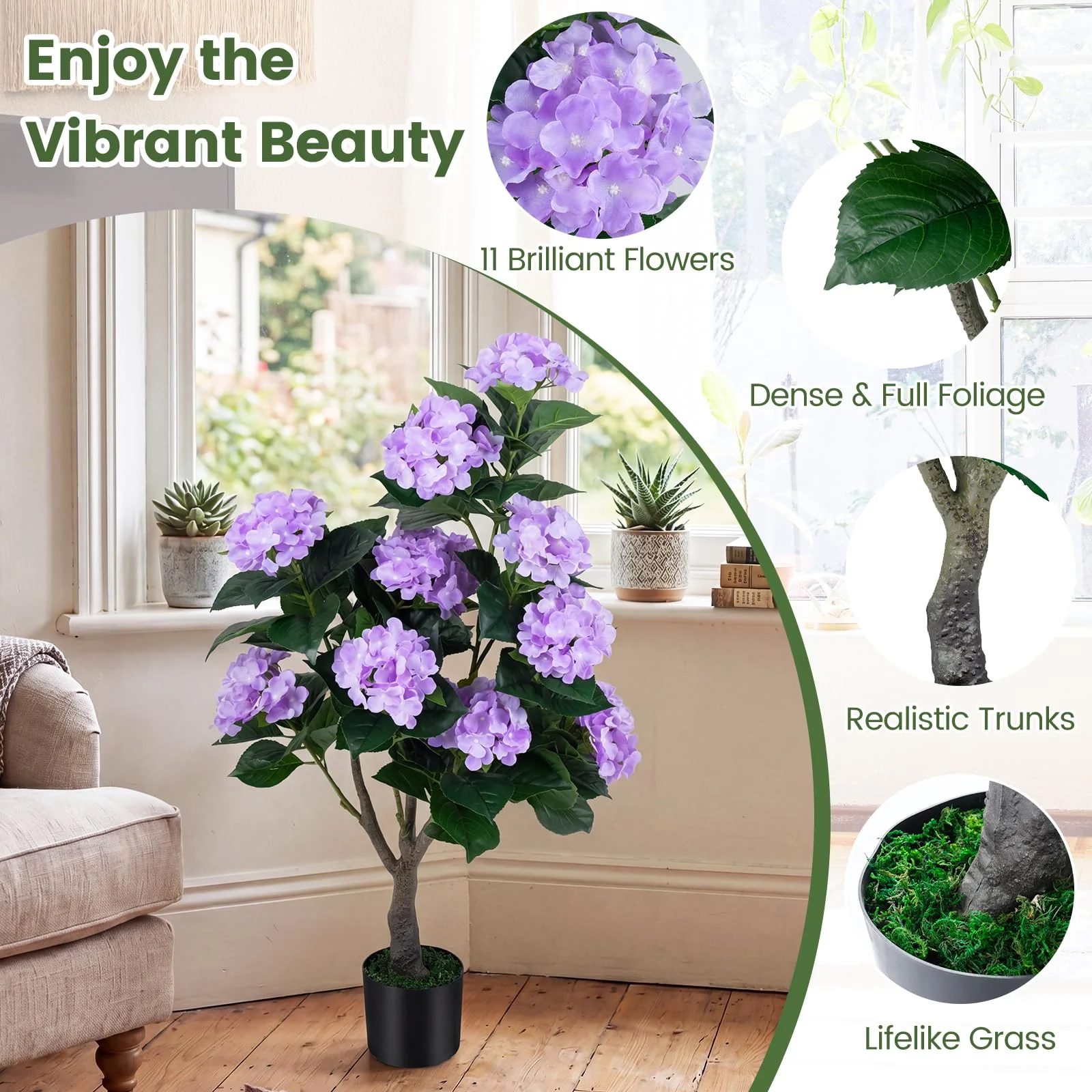 Goplus 2 Pack Artificial Hydrangea Tree w/11 Flowers & Realistic Trunk in Plastic Nursery Pot - Image 11