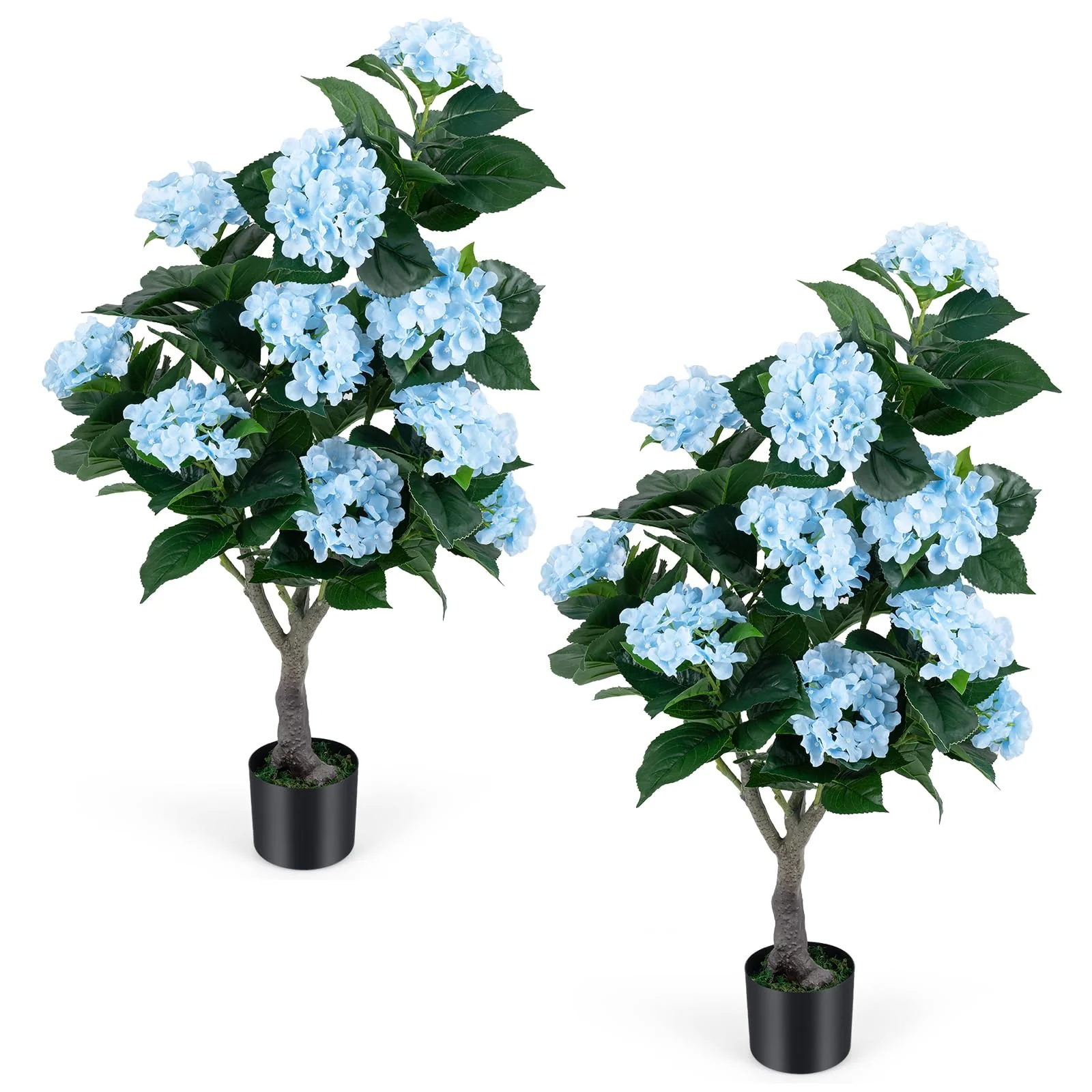 Goplus 2 Pack Artificial Hydrangea Tree w/11 Flowers & Realistic Trunk in Plastic Nursery Pot - Image 2