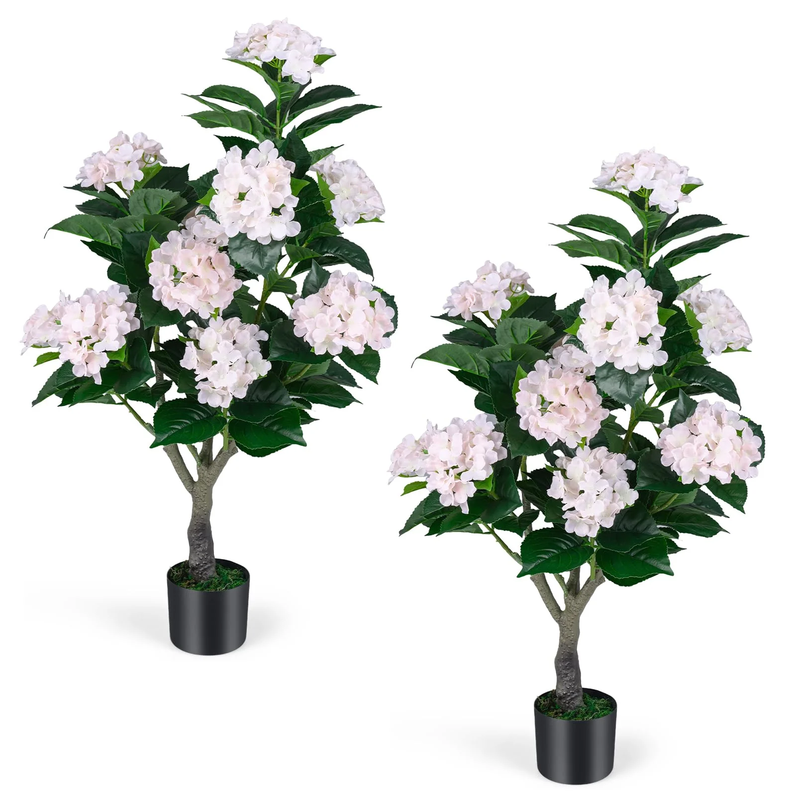 Goplus 2 Pack Artificial Hydrangea Tree w/11 Flowers & Realistic Trunk in Plastic Nursery Pot - Image 3