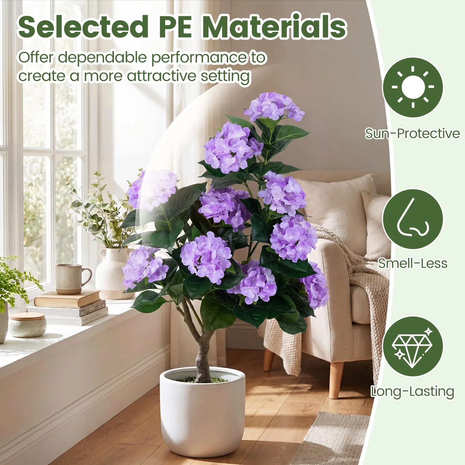 Goplus 2 Pack Artificial Hydrangea Tree w/11 Flowers & Realistic Trunk in Plastic Nursery Pot - Image 5