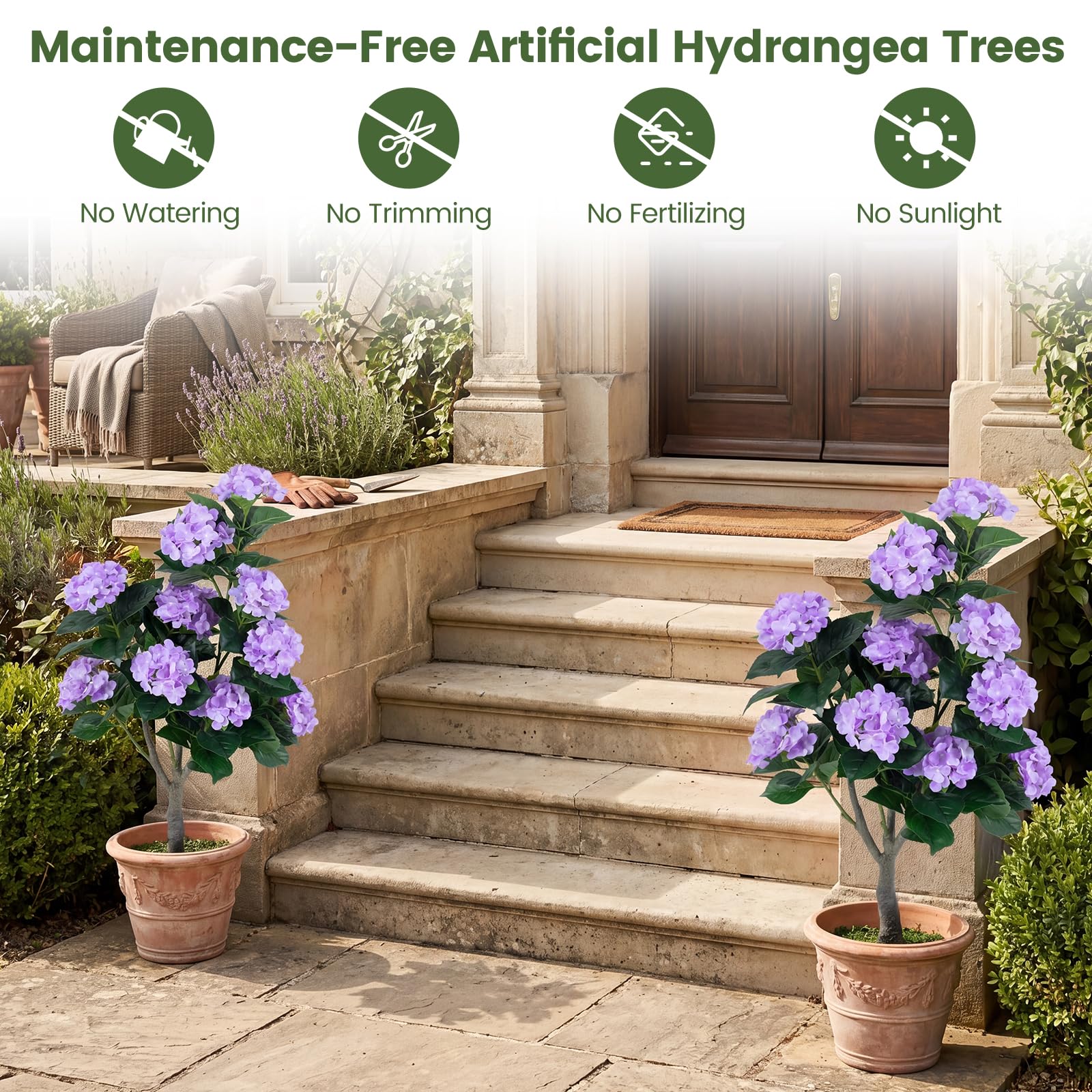 Goplus 2 Pack Artificial Hydrangea Tree w/11 Flowers & Realistic Trunk in Plastic Nursery Pot - Image 6