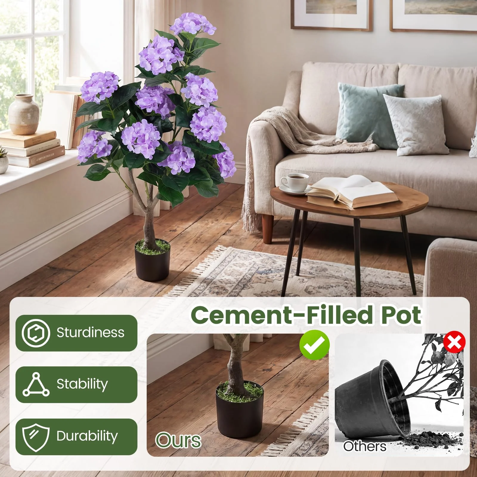 Goplus 2 Pack Artificial Hydrangea Tree w/11 Flowers & Realistic Trunk in Plastic Nursery Pot - Image 8
