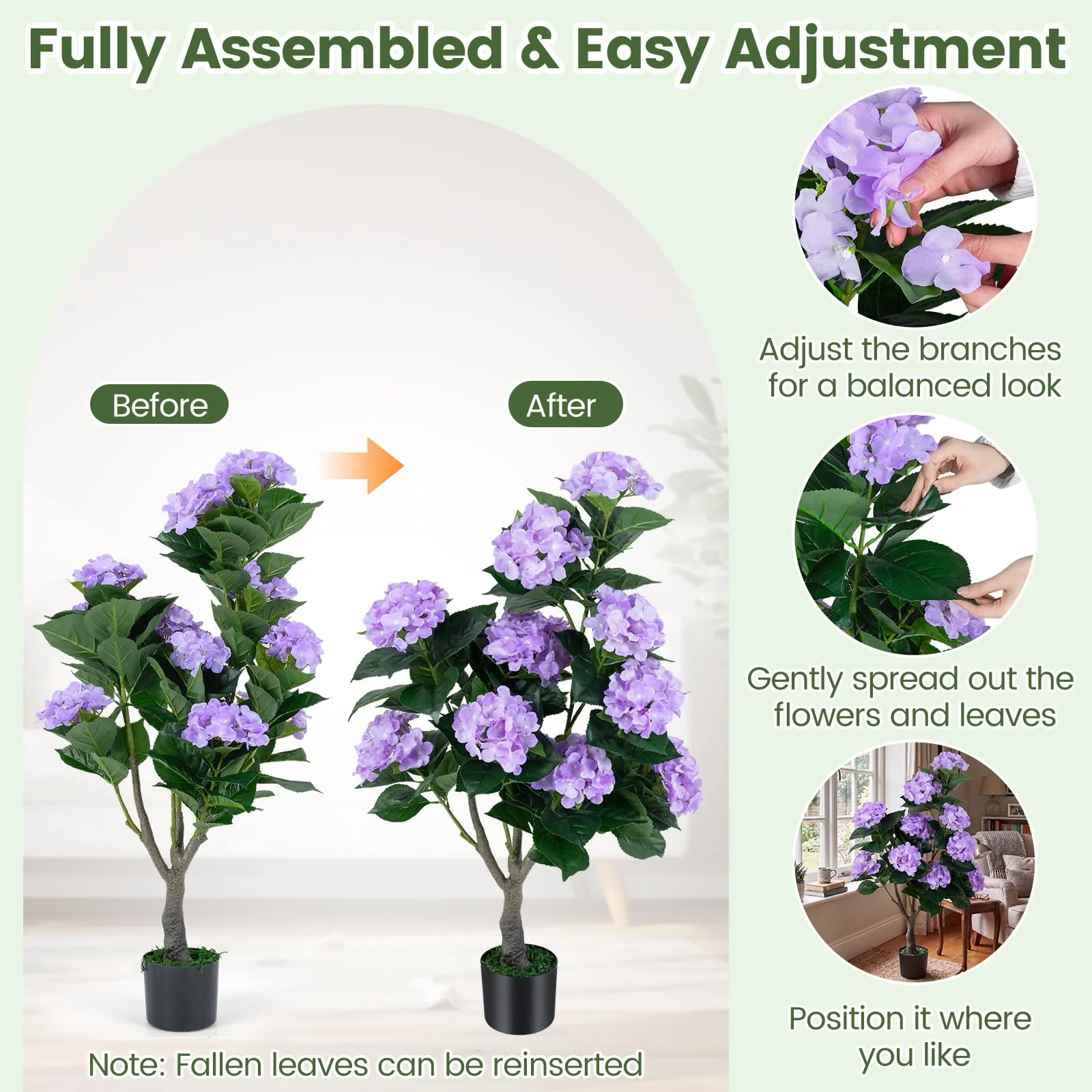 Goplus 2 Pack Artificial Hydrangea Tree w/11 Flowers & Realistic Trunk in Plastic Nursery Pot - Image 9