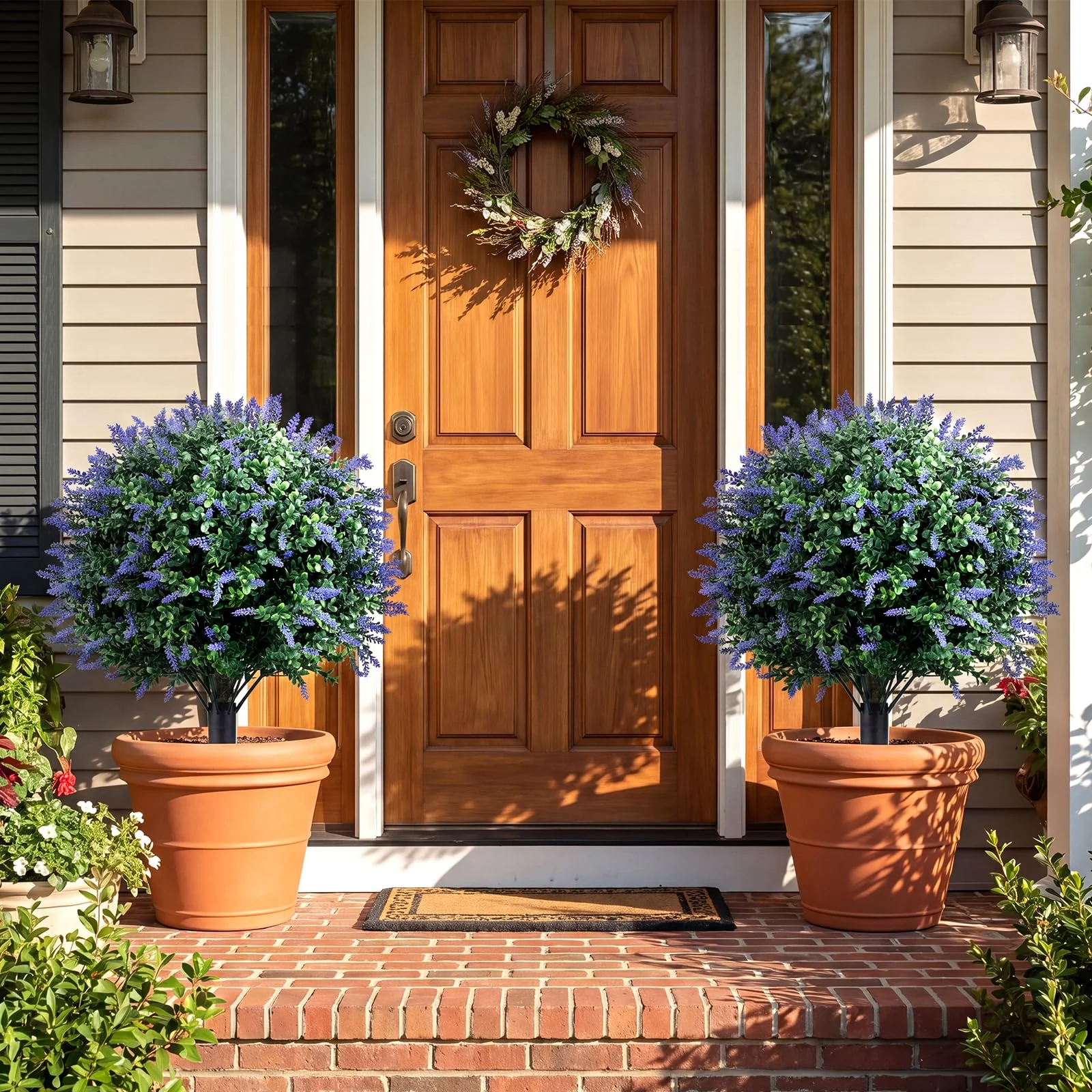 Goplus 2 Pack Artificial Lavender Boxwood Topiary Ball Trees 27.5" Faux Floral Shrubs - Image 2