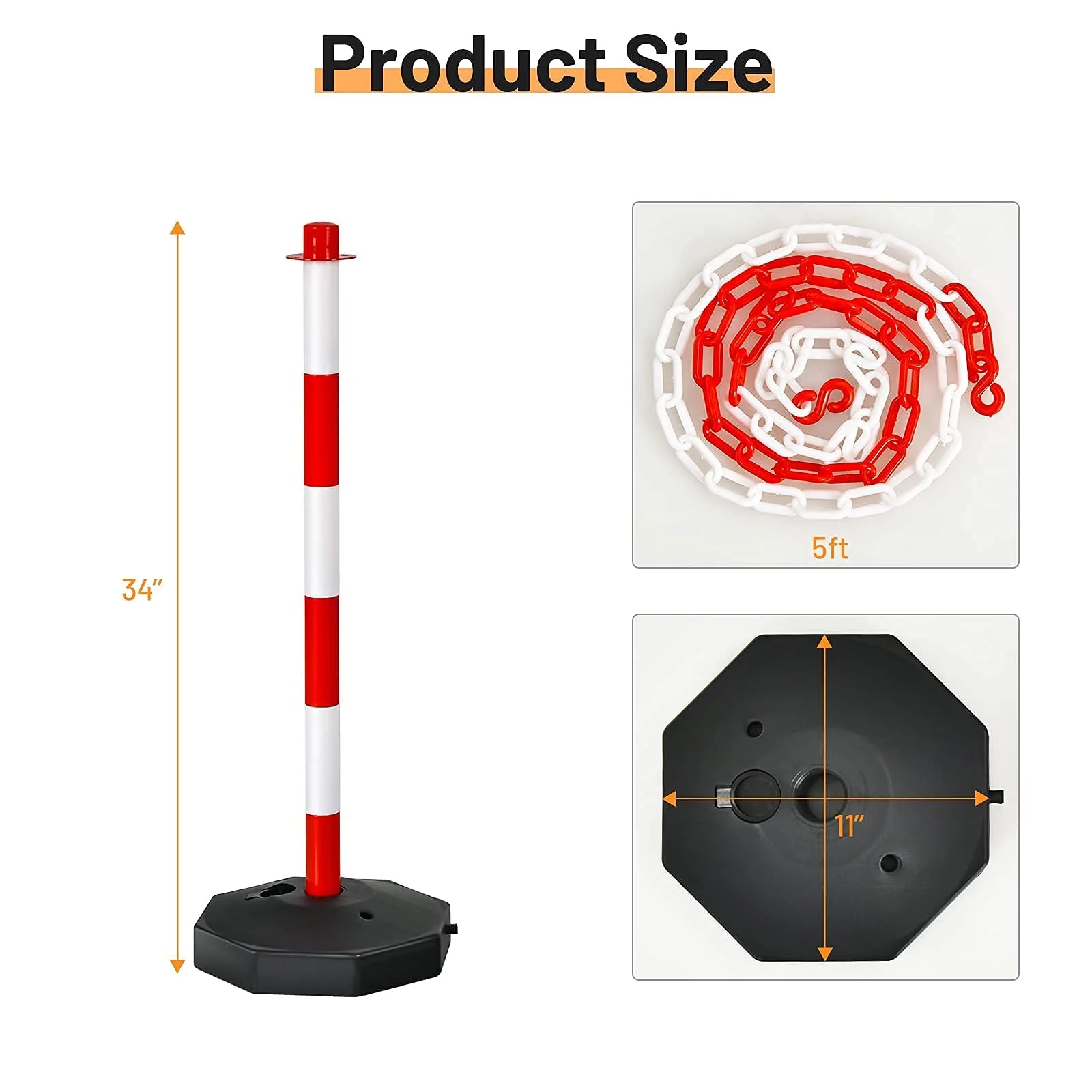 Goplus 2 Pack Delineator Post Cone, Traffic Cones Safety Barrier with Octagonal Fillable Base & 5FT Link Chains (2PCS, White+Red) - Image 4