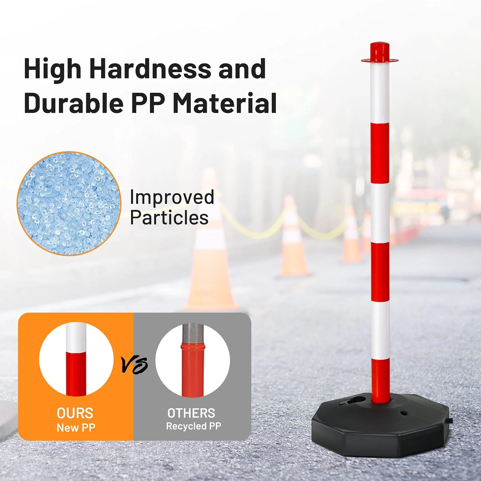 Goplus 2 Pack Delineator Post Cone, Traffic Cones Safety Barrier with Octagonal Fillable Base & 5FT Link Chains (2PCS, White+Red) - Image 5