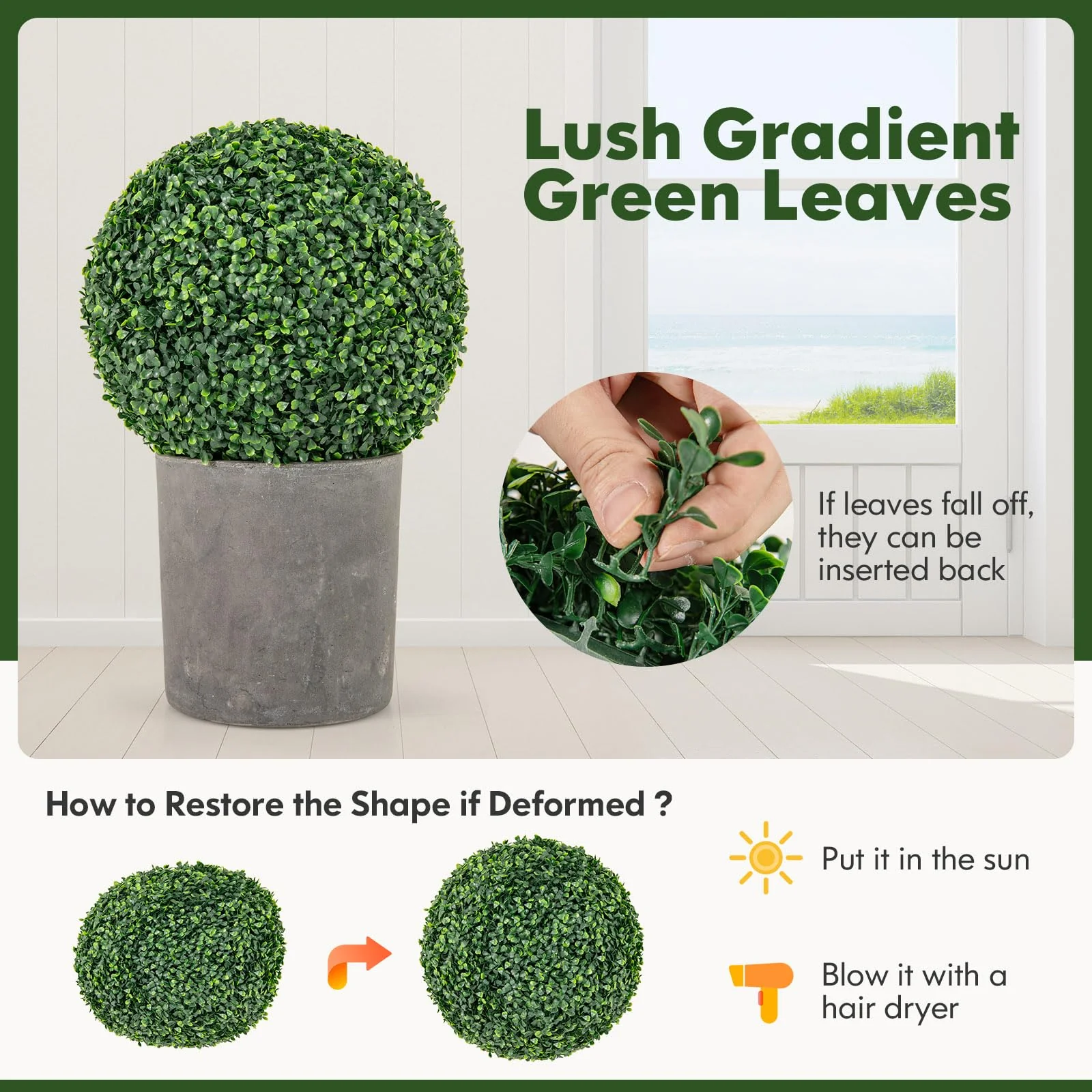 Goplus 2 PCS 16 Inch Artificial Plant Topiary Ball, Round Faux Boxwood Balls Outdoor, Wedding and Home Décor - Image 4