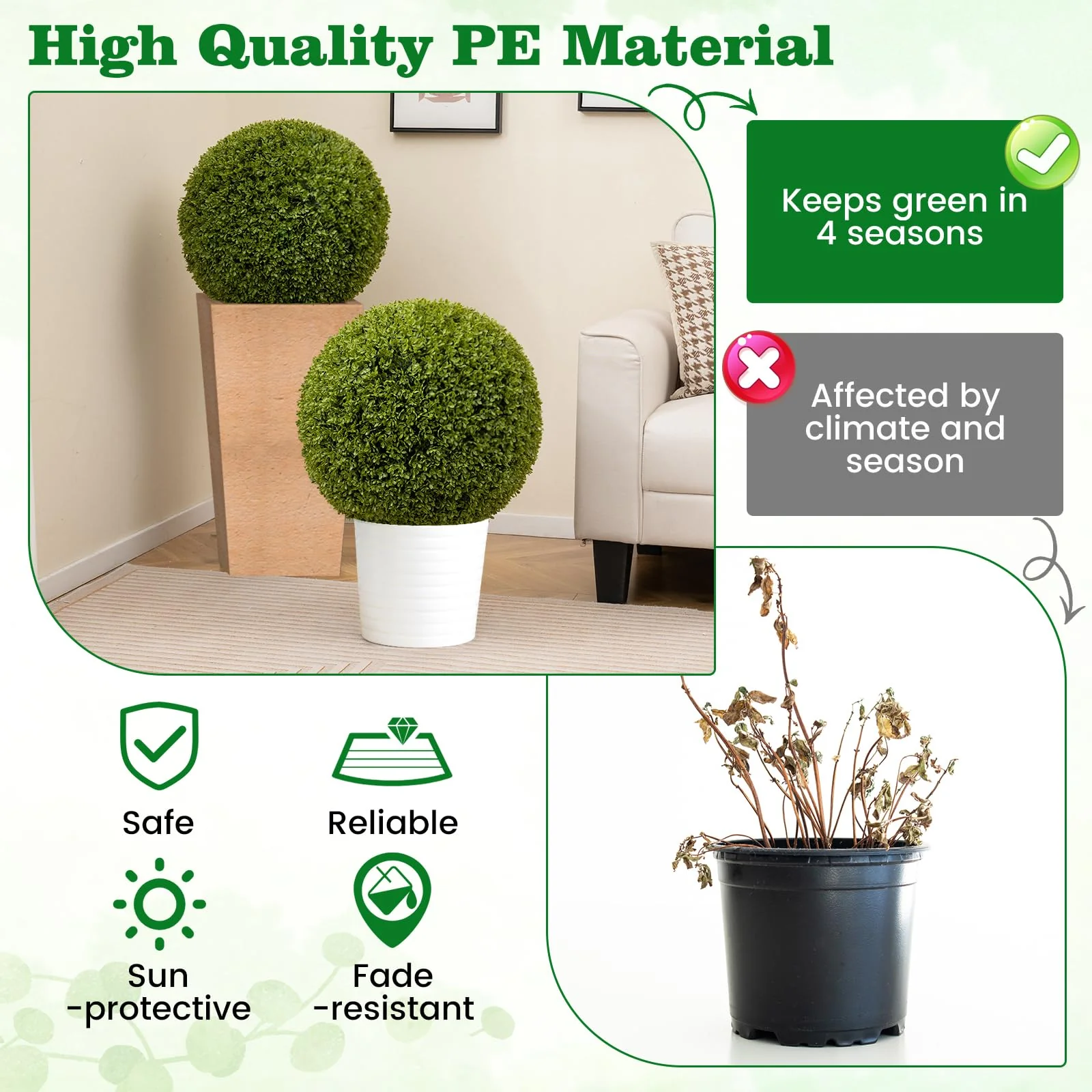 Goplus 2 PCS 20 Inch Artificial Plant Topiary Ball, Round Faux Boxwood Balls Outdoor with Mimic Fluffy Leaves - Image 3
