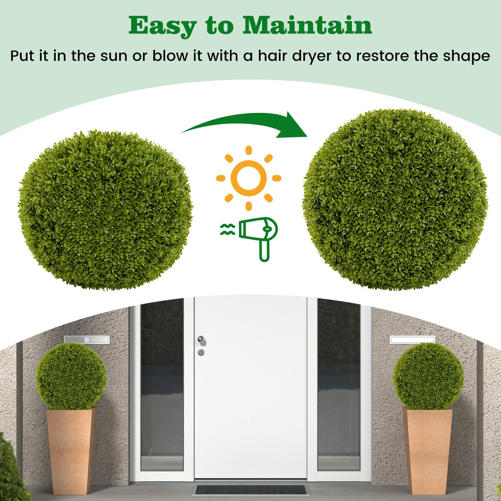 Goplus 2 PCS 20 Inch Artificial Plant Topiary Ball, Round Faux Boxwood Balls Outdoor with Mimic Fluffy Leaves - Image 5