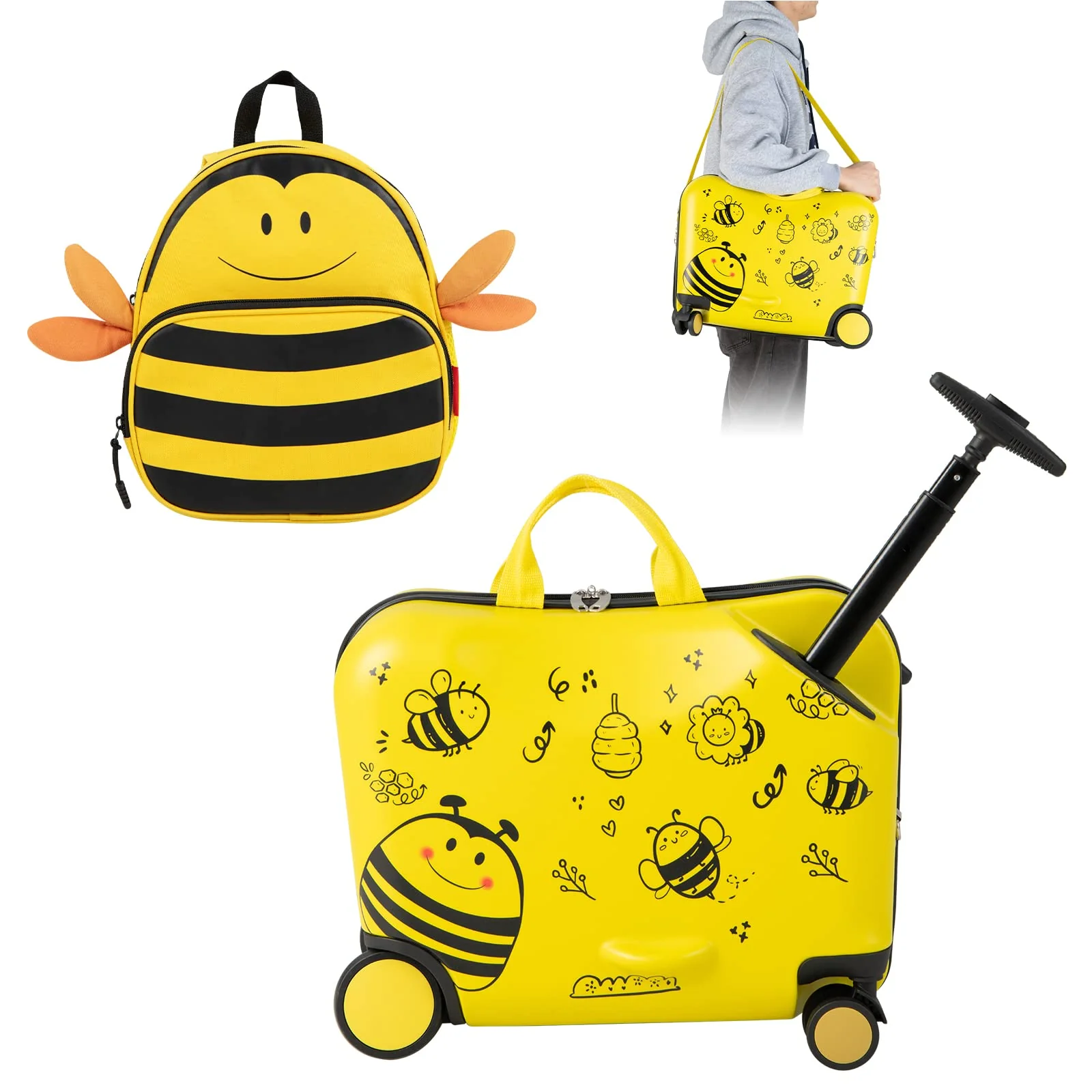 Goplus 2 PCS Kid Luggage Set, 18"Carry-on & Ride-on Suitcase W/Spinner Wheels