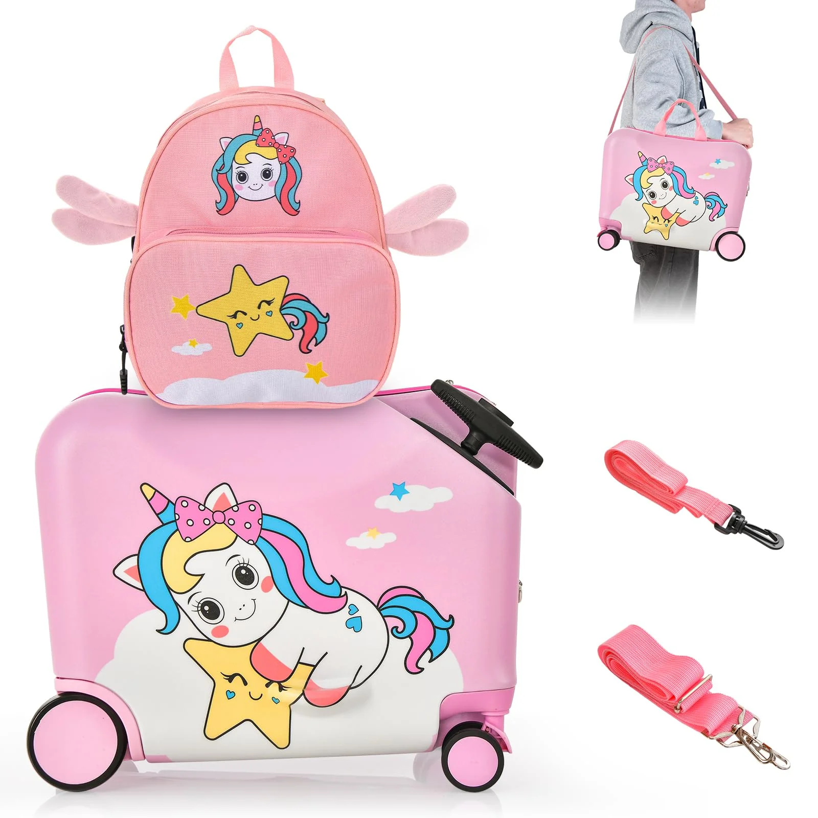 Goplus 2 PCS Kid Luggage Set, 18"Carry-on & Ride-on Suitcase W/Spinner Wheels - Image 8