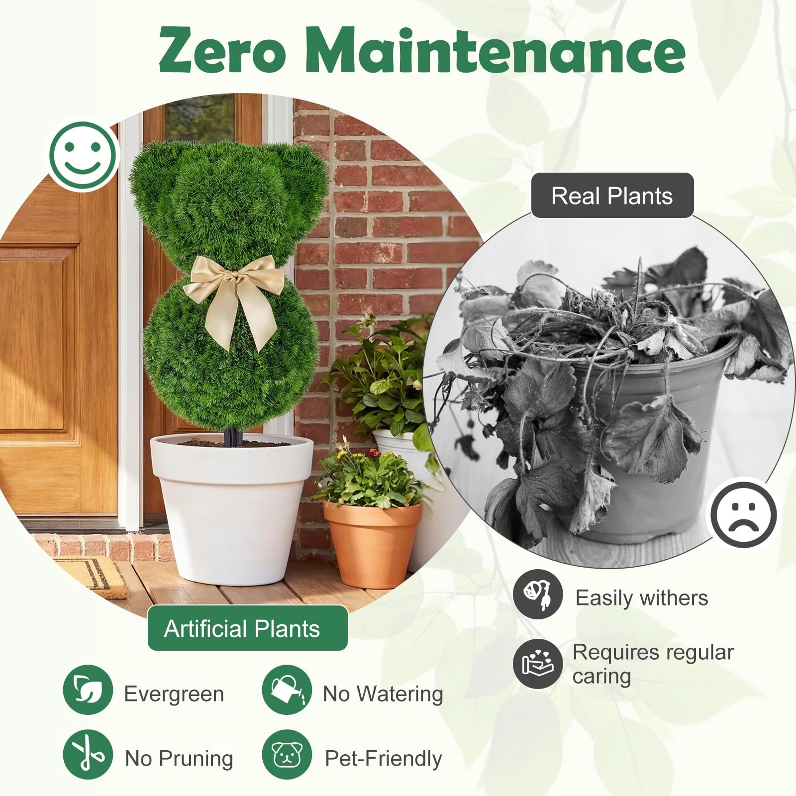 Goplus 2 Pcs Teddy Bear Topiary Trees 16.5”Sun-Resistant Faux Boxwood Plants - Image 4