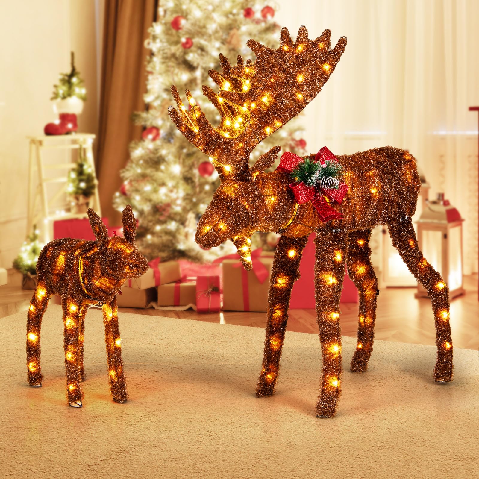Goplus 2 Pieces Lighted Christmas Moose Family, Light-up Xmas Deer Decorations with 170 LED Lights - Image 2