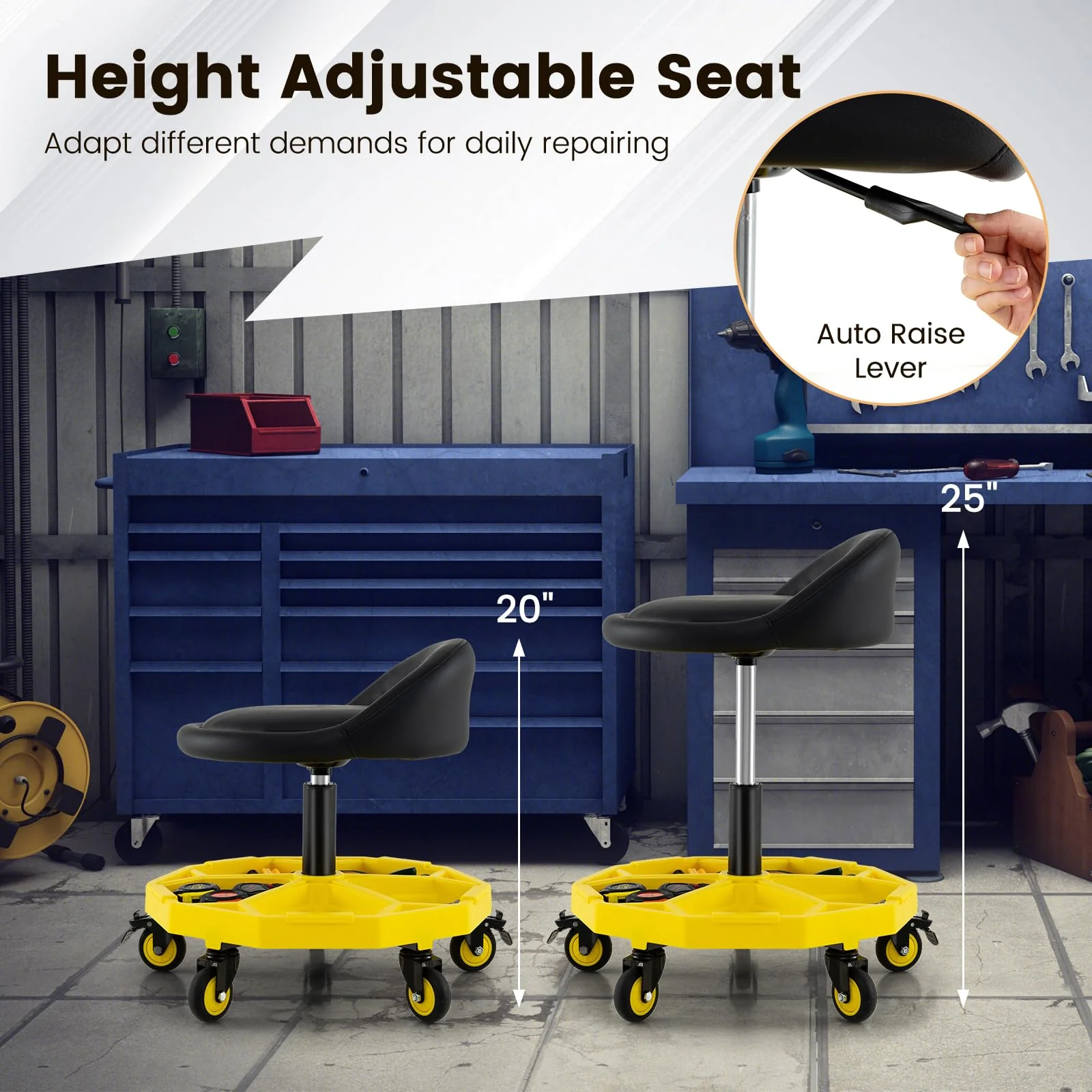 Goplus 20”-25” Height Adjustable Mechanic Stool w/Magnetic Tool Tray - Image 7